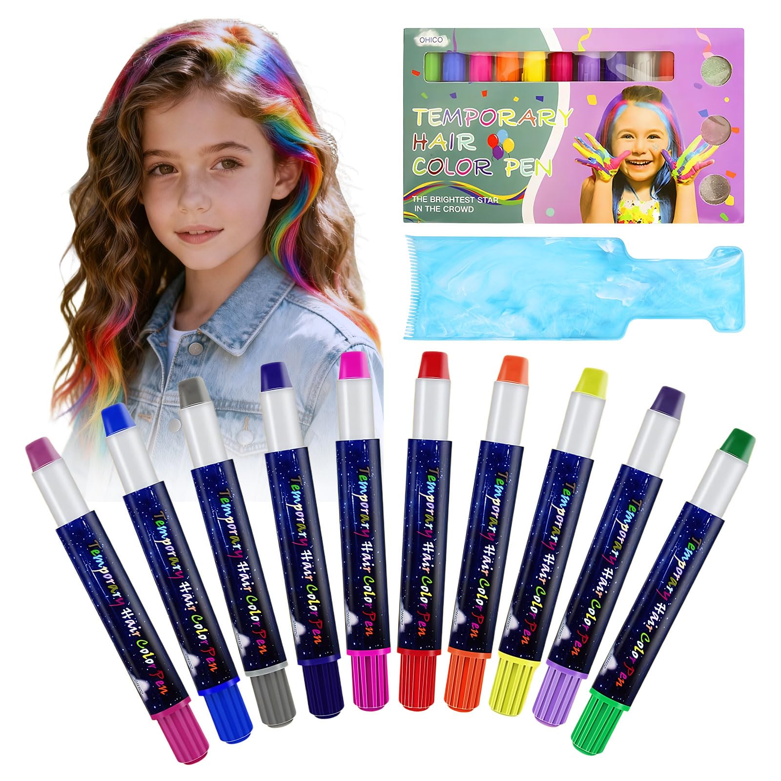 Set Gessetti Colorati per Capelli, 10 Colori Temporanei Lavabili, Gessetti per Capelli per Bambini e Ragazze, Ideali per Feste, Carnevale e Regali, con Palette di Tinte per Capelli Blu