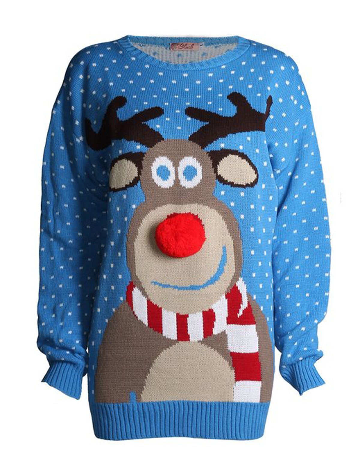 Christmas Novelty Reindeer Fairisle Snowflake Knitted Xmas Jumper Sweater, Blue, Large/UK Size