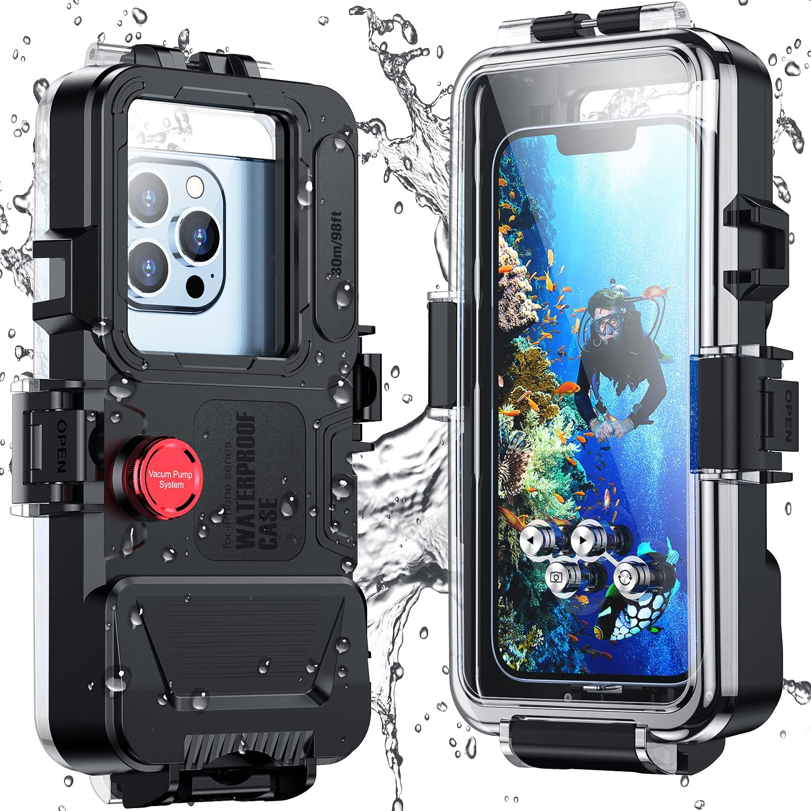 SPIDERCASE Diving Phone Case Only for iPhone Series,Snorkeling Underwater Case 98FT/30M [Operated Underwater] Photo Video,Waterproof Housing for iPhone 15/Pro/Pro Max/14/13/12 with Lanyard Black
