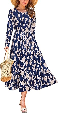 STYLEWORD Womens Fall Dresses 2024 Casual Long Sleeve Midi Dress A Line Flowy Cocktail Wedding Guest Long Dresses Navy Apricot Floral,S
