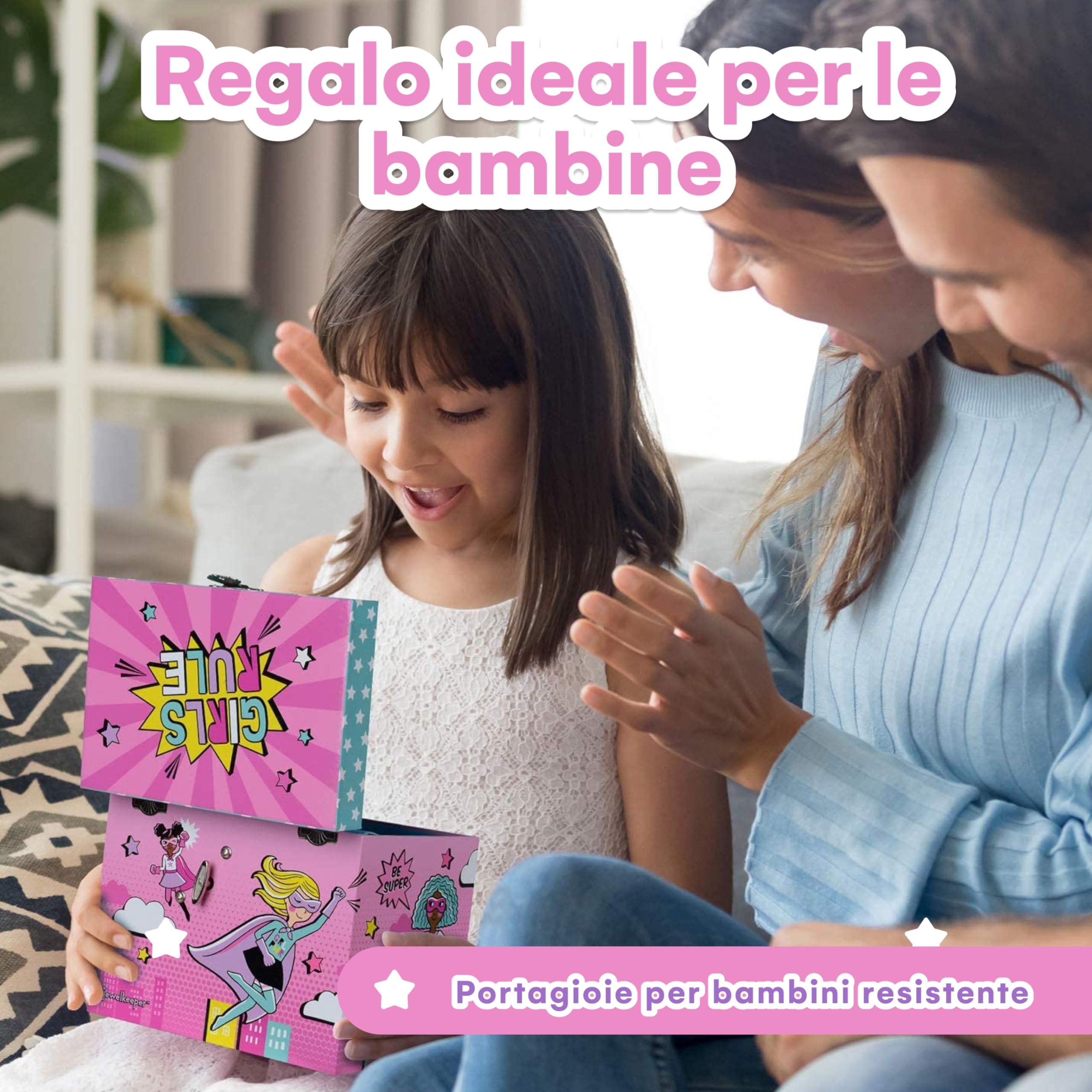Jewelkeeper - Carillon Portagioie Musicale Design Girl Power Superhero con 2 Cassetti Estraibili - Melodia di Per Elisa