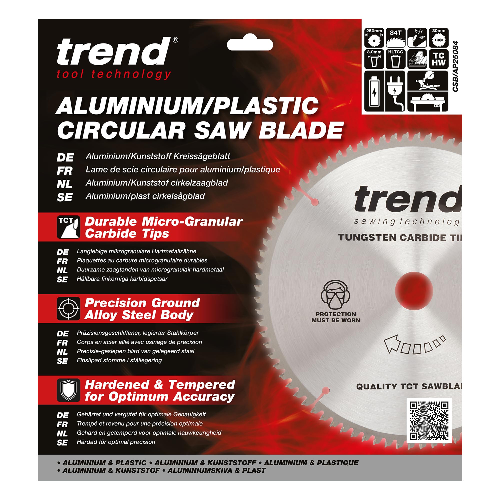 Trend Piła tarczowa do aluminium i plastiku 250 mm 84T 30 mm | Do aluminium i plastiku; 84 zęby, 3 mm rzazu i -6° kąta natarcia dla bardzo dokładnego wykończenia, CSB/AP25084
