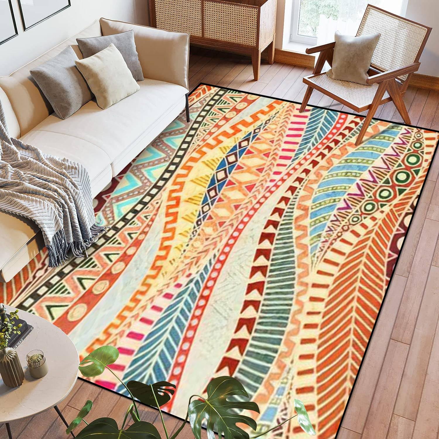 Area Rug Seamless Wavy Ethnic Tribal Motifs Colorful African Print for Textiles Washable 6x9 feet Large Rugs for Bedroom Kitchen Living Room Non Slip