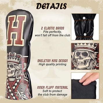 Golf Club Wood Head covers for Driver/Fairway/Hybrid/Putter 1FH Elastic Closure Black PU Leather Skeleton King