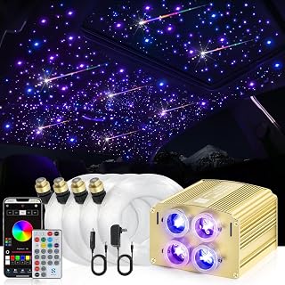 Car Starlight Headliner Kit, 4 Colors 32W Twinkle & Meteor Fiber Optic Shooting Stars Lights, 2 in 1 Light Engine 1000pcs*0.03in*13.1ft+240 RGBW 4 Port Ceiling Starlights for Car Home Roof Décor