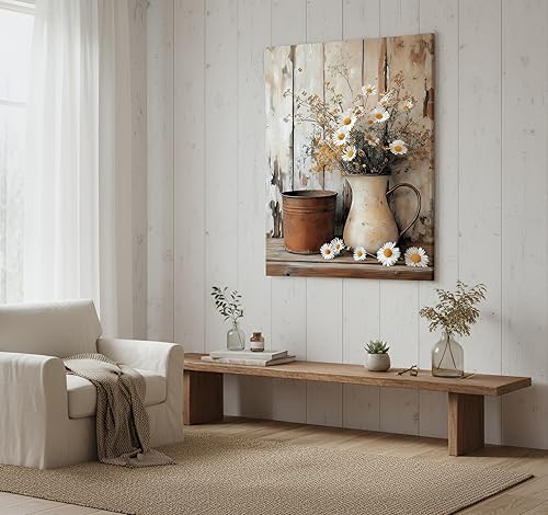 Miniatura 3 de Lienzo decorativo rústico con margaritas y margaritas, decoración de pared de campo neutro, cuadro de naturaleza muerta en jarrón, póster impreso