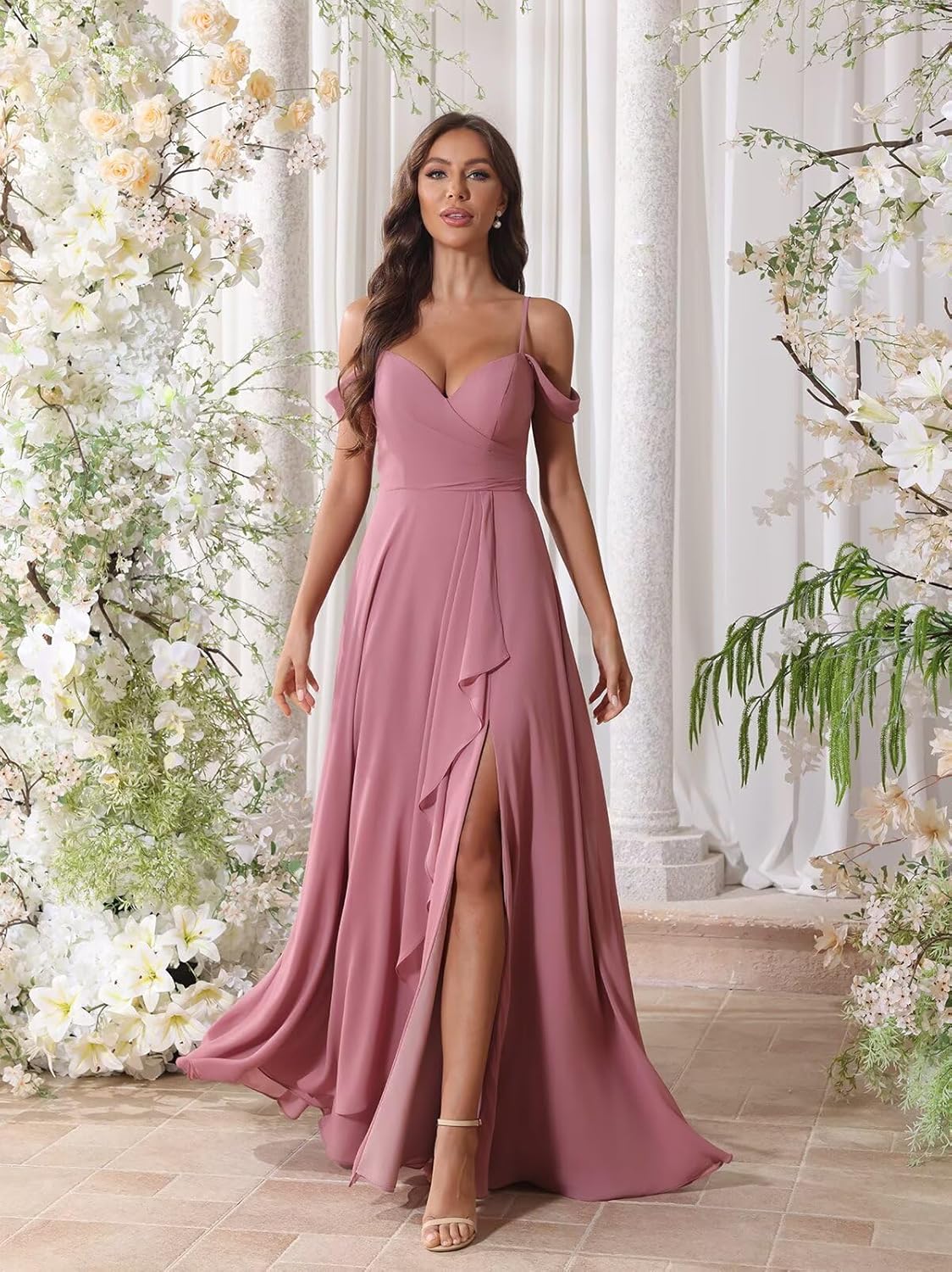 Smileven Chiffon Off The Shoulder Bridesmaid Dresses Ruffle A Line Wedding Guest Gown with Slit