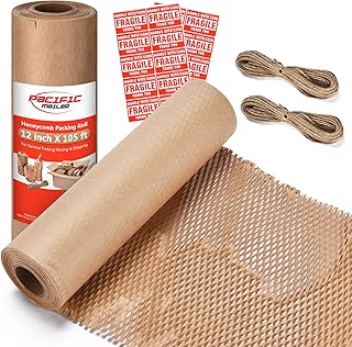Honeycomb Packing Paper Pacific Mailer 12" x 105' Packing Paper for Moving Paper Bubble Cushioning Wrap Moving Supplies 20 Fragile Sticker Labels, 2 Jute Ropes
