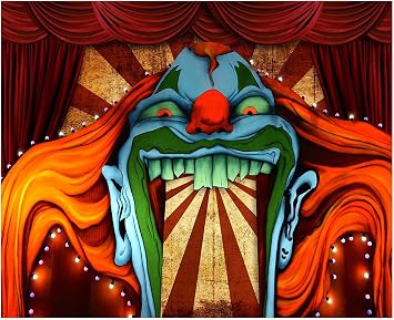 Funnytree 10x8ft Horror Circus Theme Halloween Backdrop for Photography Giant Evil Clown Hallomas Birthday Party Background Scary Grove Vampire Baby Cake Table Decor Banner Photobooth Studio Props
