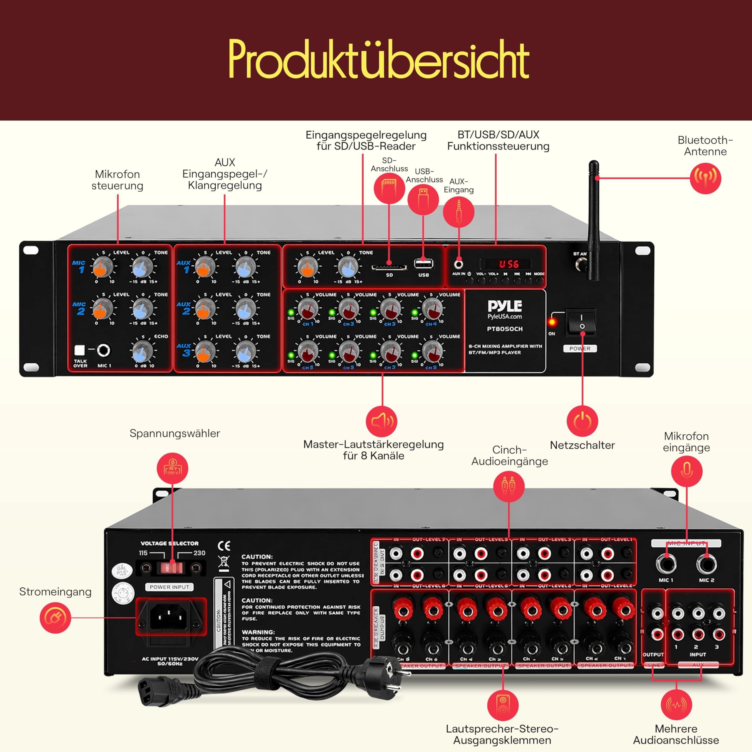 Pyle Mischverstärker, 8-Kanal Bluetooth HiFi Verstärker/Endstufe 4000W mit Mikrofon mit Talkover, RCA, USB, AUX für Lautsprecher, Karaoke, Party & Konferenz