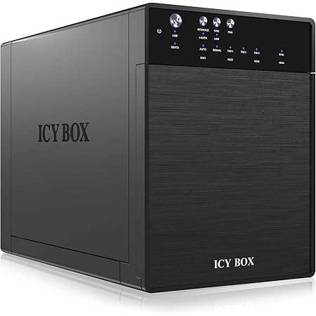 ICY BOX 4-fach Externes Festplattengehäuse für 3,5 Zoll SATA I,II,III Festplatten, USB 3.0 (UASP) & eSATA Anschluss, 80 mm Smart-Lüfter, JBOD (Single Modus), Standby, schwarz