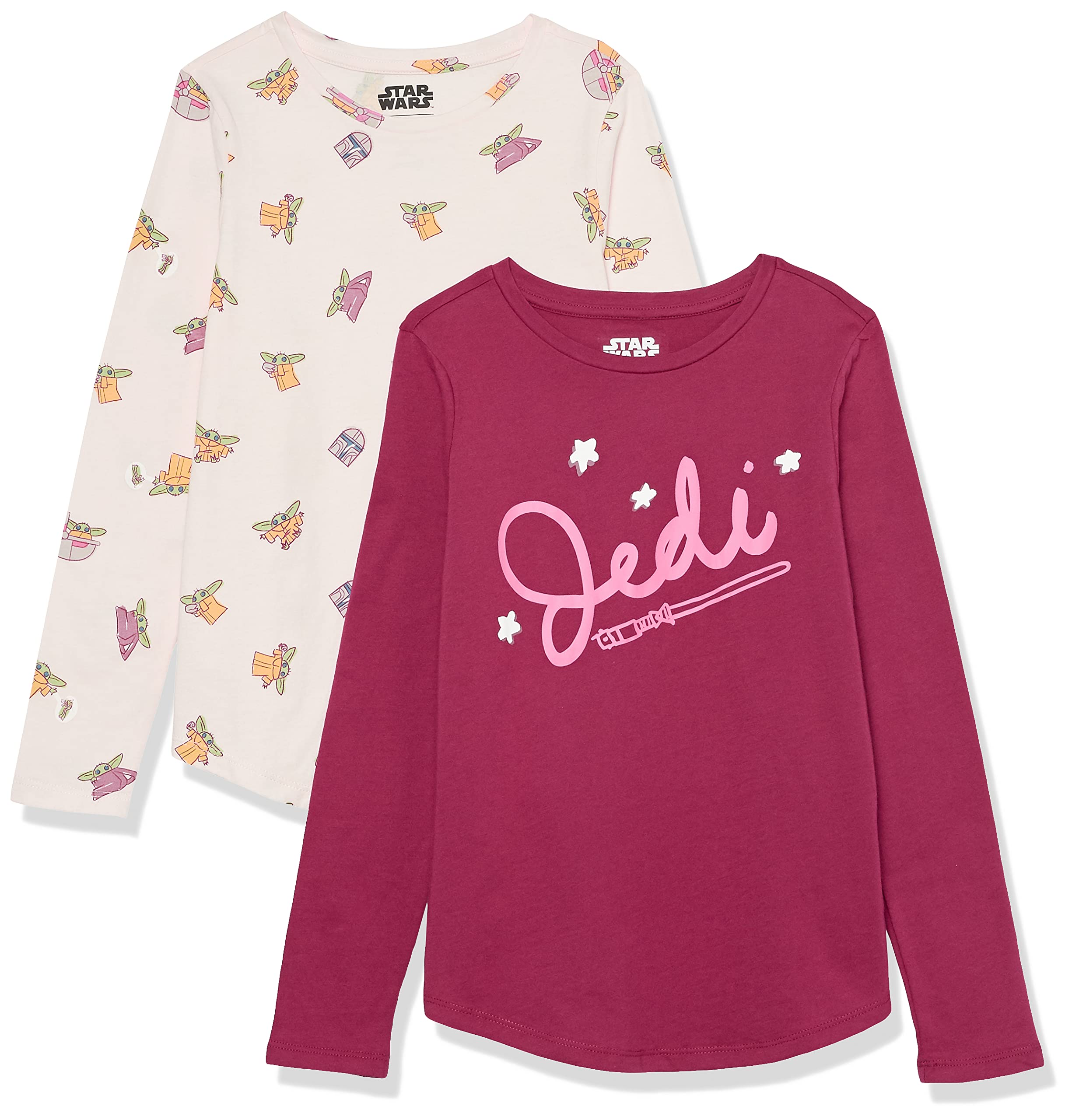 Amazon Essentials Disney | Marvel | Star Wars | Frozen | Princess T-Shirt a Maniche Lunghe Bambine e Ragazze, Pacco da 2