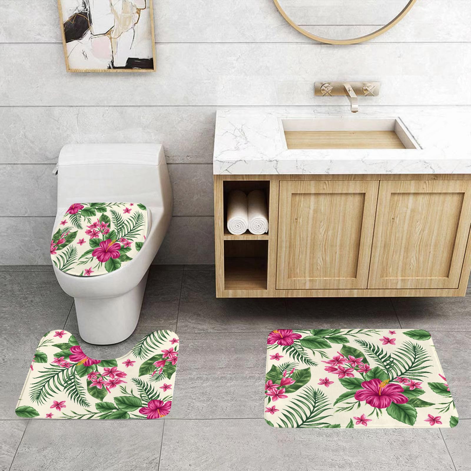 Set di 3 tappetini da Bagno, Lavabili in Lavatrice e Antiscivolo, in Morbida Fibra Superfine, con Stampa Acquerello, Plumeria e Ibisco, Tema Isola Tropicale, Natura, Aloha Hawaii.