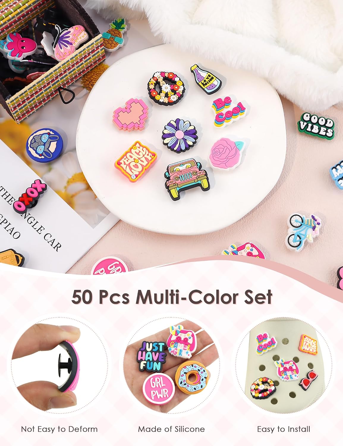 50 Pcs Different Shoe Charms for Clog Shoe Decoration, Cute Preppy Hippie Charms for Girls Boys Teens Adults, Cute Cartoon Decorations Accessories for Gift image 3