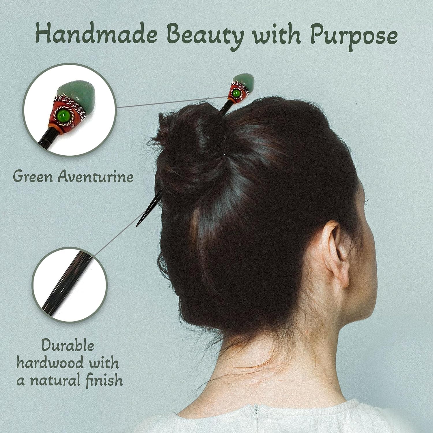 Mia Jewel Shop - Natural Tumbled Healing Gemstone Crystal Chonta Wooden Hair Sticks – Handmade Hair Sticks for Women | Hair Pins Boho Reiki Accessories, Fashion Gifts (Green Aventurine) image 4