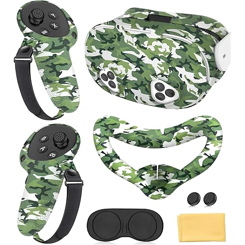 Silicone Cover Set Compatible with Meta Quest 3S Accessories, VR Protector Face Cover, Controller Grips, Front Shell Headset and Lens Protective (Camouflage Green)