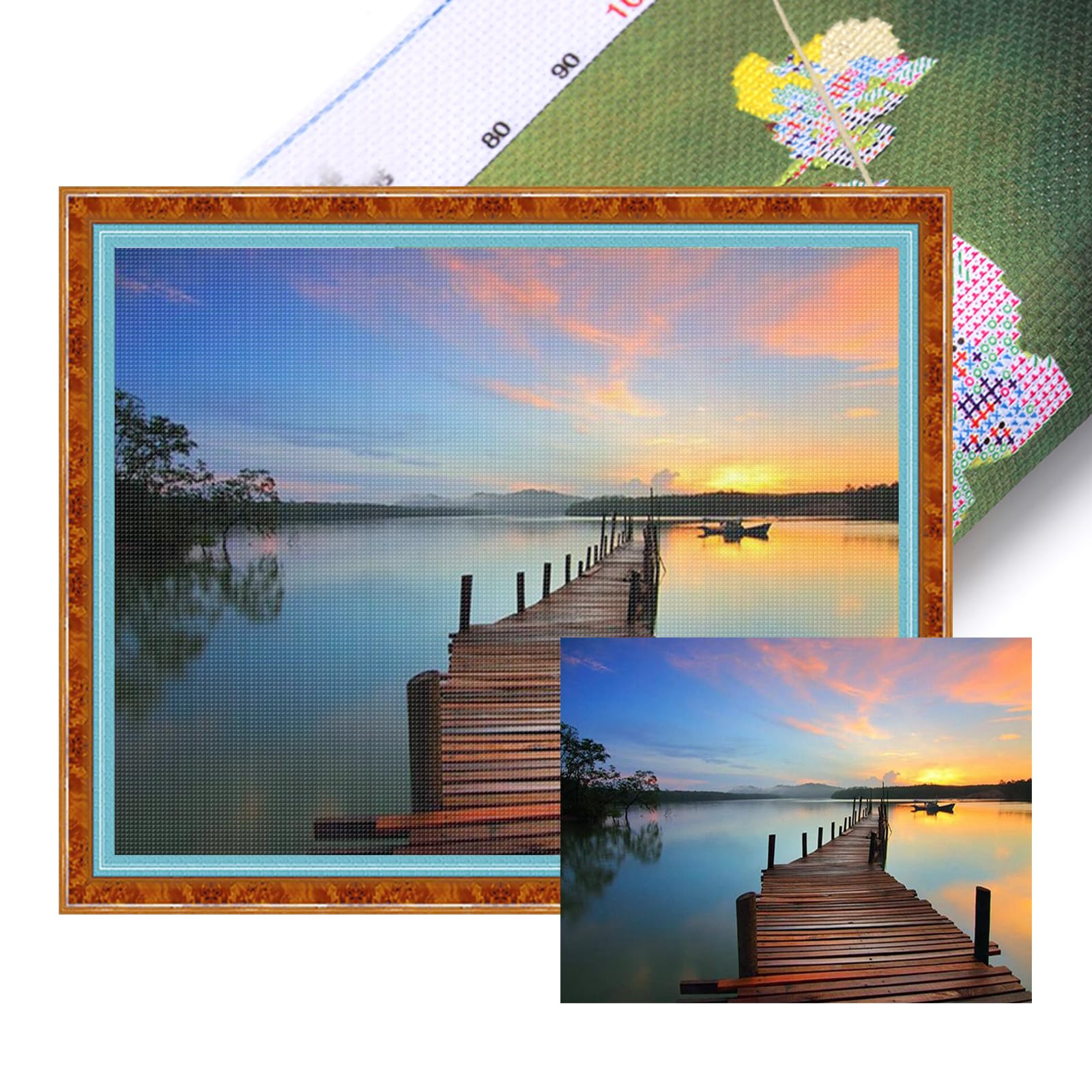 Poetrydraw 11Ctacc-11717__C__50x40 Sunset Wooden Bridge Full 11Ct Diy Stamped Cross Stitch Kits 50X40cm Home Decor (11Ctacc-11717 C 50X40)