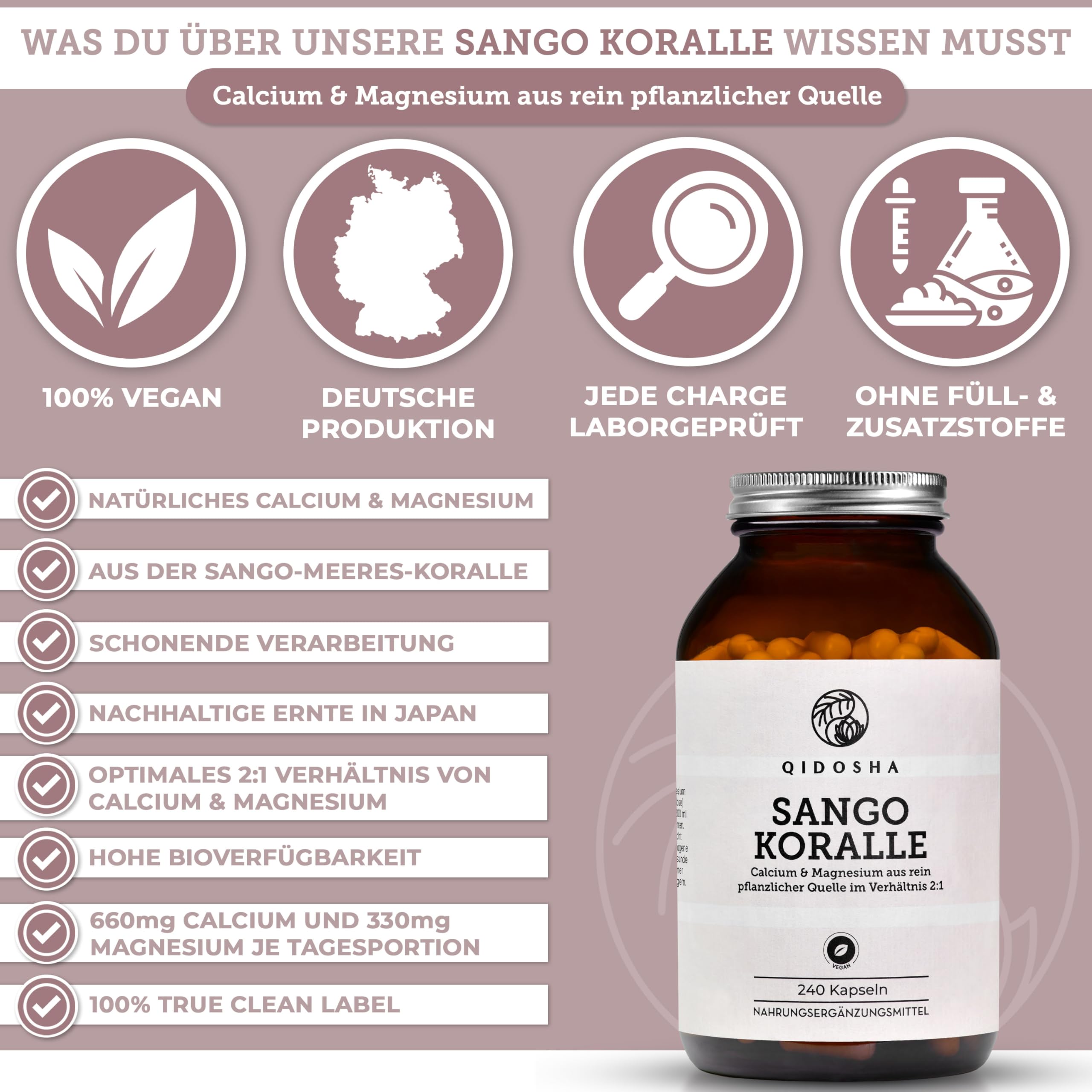 QIDOSHA® Sango Meereskoralle Kapseln, 240 Stk/Glas, hochdosiert mit 660mg Calcium & 330mg Magnesium (optimales 2:1 Verhältnis), nachhaltige Ernte, deutsche Fertigung, jede Charge laborgeprüft