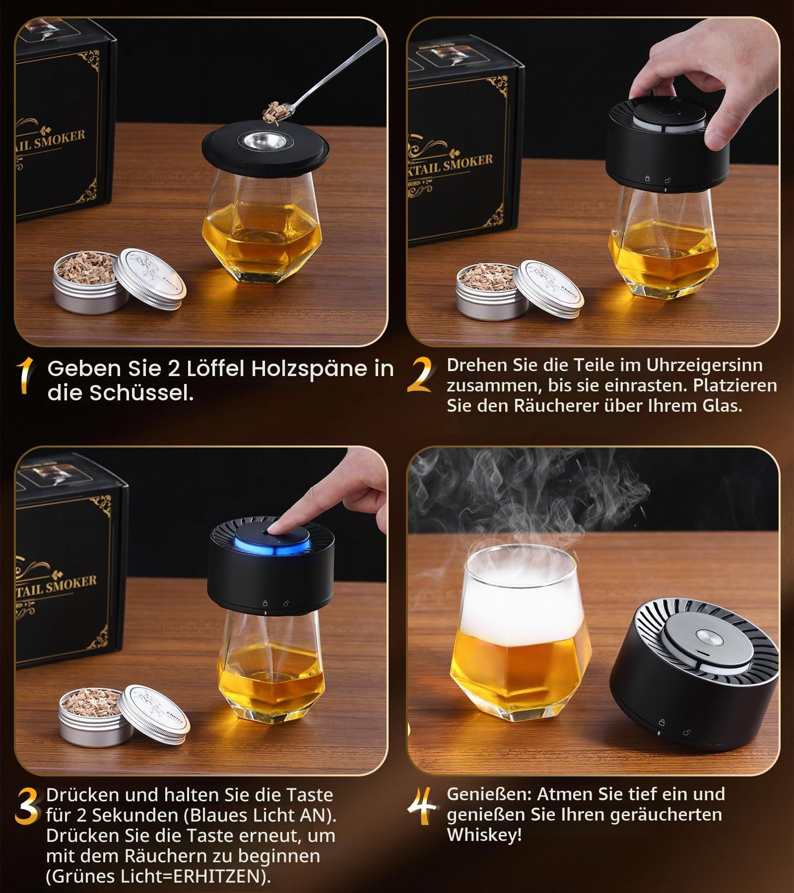 Elektrisches Whisky-Räucherset mit LED-Licht, 6 Holzspäne-Aromen, kein Butan erforderlich, wiederaufladbarer Cocktail, altmodisches Räucher-Set, Bar-Set, Zubehör, Geschenke für Männer, Vater, Ehemann