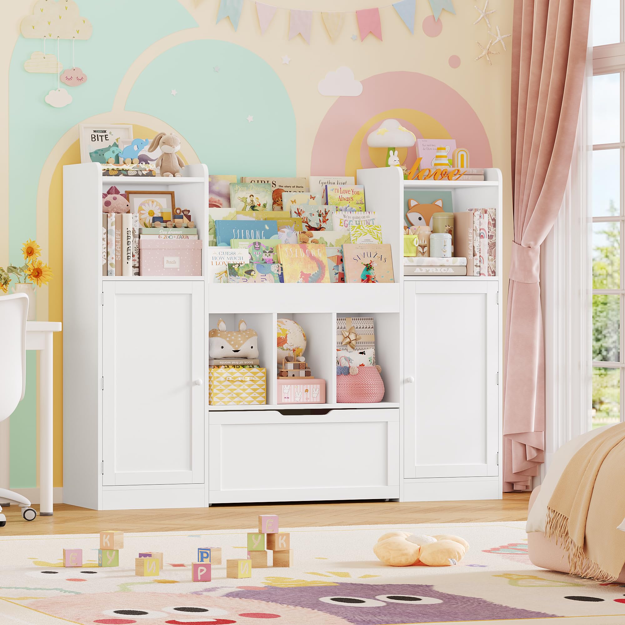 FOREHILL Libreria Montessoriana per Bambini, Organizer Giocattoli con Ripiani della Porta, Mobile Porta Giochi con Portariviste, 1 Cassetto con Ruote, 7 Scomparti Aperti, 140.3x30x108.3 cm (Bianco)