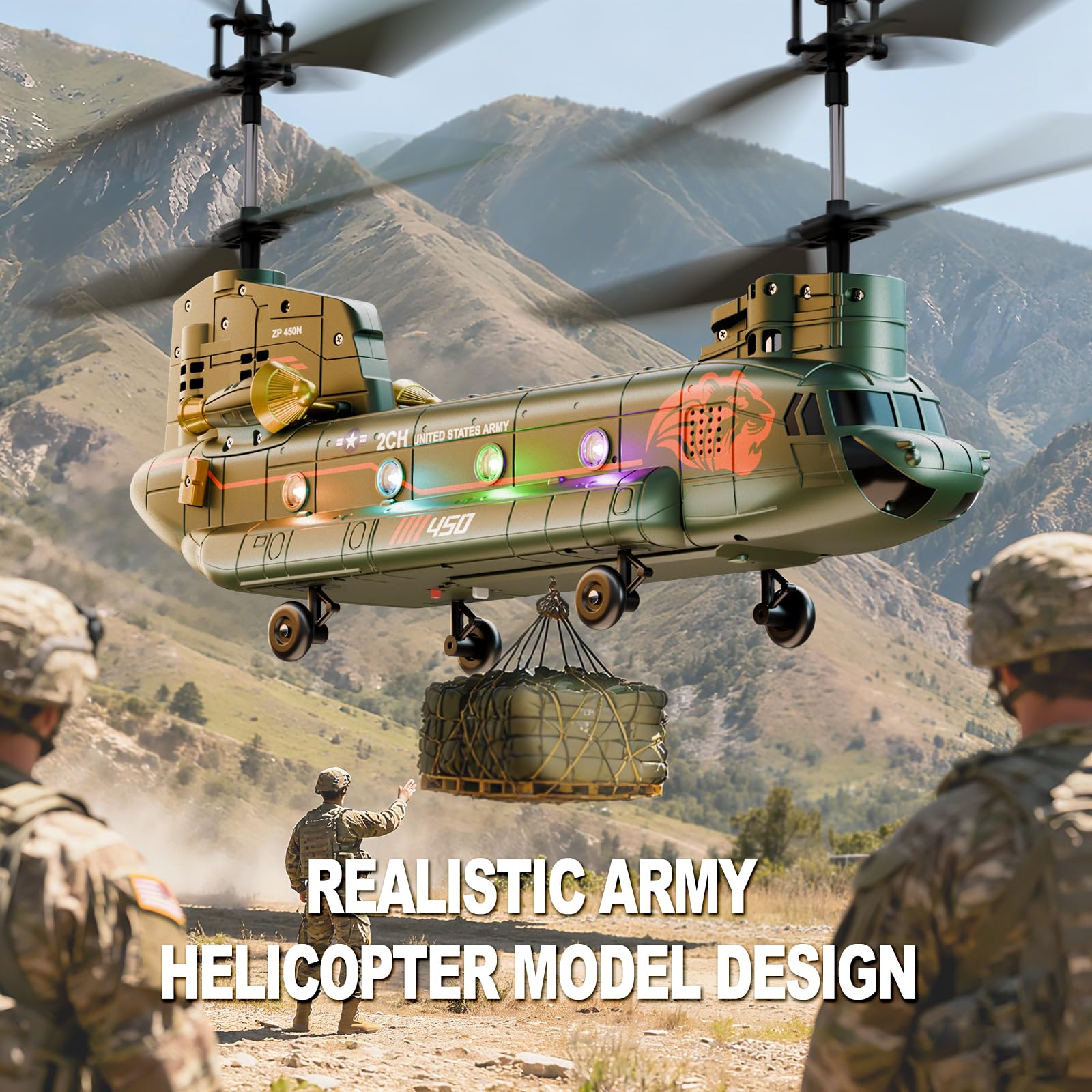 XIKOTEC Helicóptero Teledirigidos, Helicoptero RC con Luz y 2 Baterías, Helicóptero de Control Remoto con Mantenimiento de Altitud y Luz LED, Transporte Militar para Fanáticos del ejército