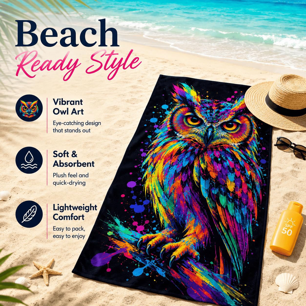Telo Mare Microfibra Gufo Colorato Asciugatura Rapida | Asciugamano da Spiaggia Gufo Astratto, 145x200 cm, Assorbente, Accessori Mare, per Palestra Viaggio