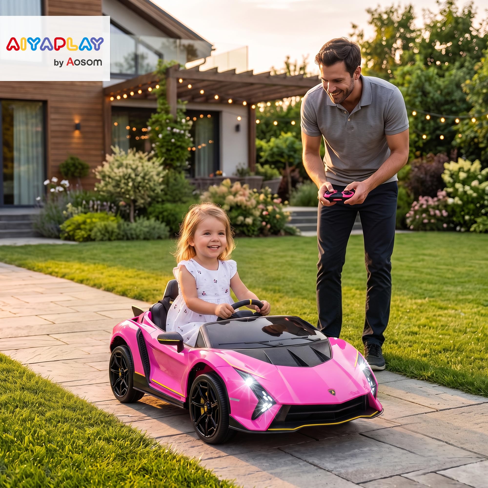 AIYAPLAY Macchina Elettrica per Bambini 3-6 Anni 12V Lamborghini Autentica, 3-5km/h Auto Elettrica per Bambini con 2 Motori, Porta a Forbice, Sospensioni, Fari, Musica, Telecomando, Cintura, Rosa