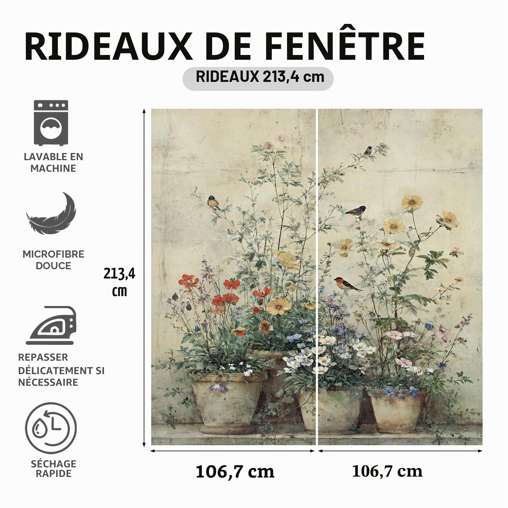 Générique Rideau Occultant Fleurs, Rideaux Thermiques à Oeillets pour Chambre, Motif Oiseaux Floral Botanique Rideaux Salon, Lot de 2 Décoration de Fenêtre, 140x200cm 5Bx5