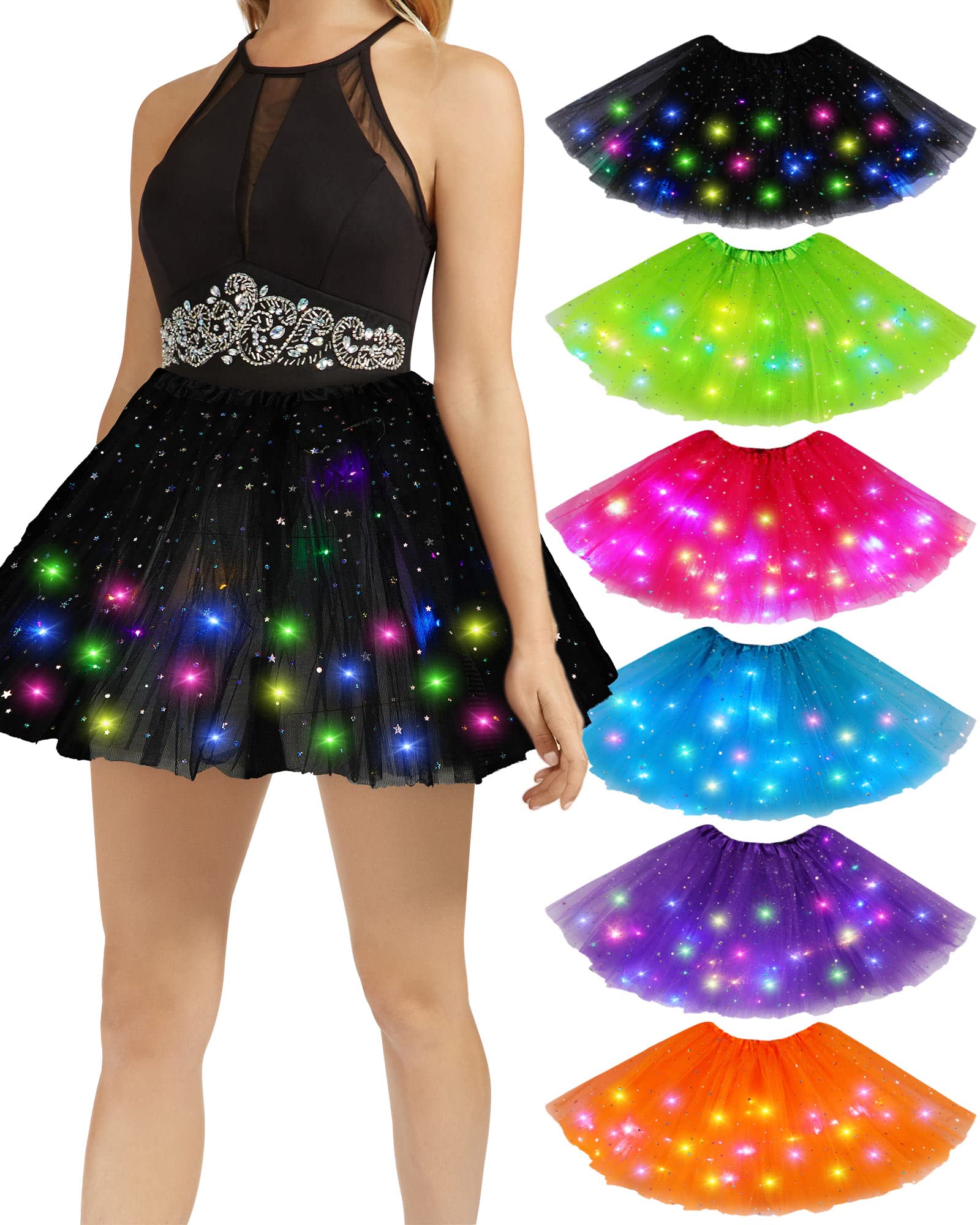 6 Pieces LED Tulle Tutu Skirt Light up Skirt Tutus for Girls Women Lighted Ballet Dance Festival Skirt Cosplay Costumes Glow in The Dark Party Elastic Universal Size