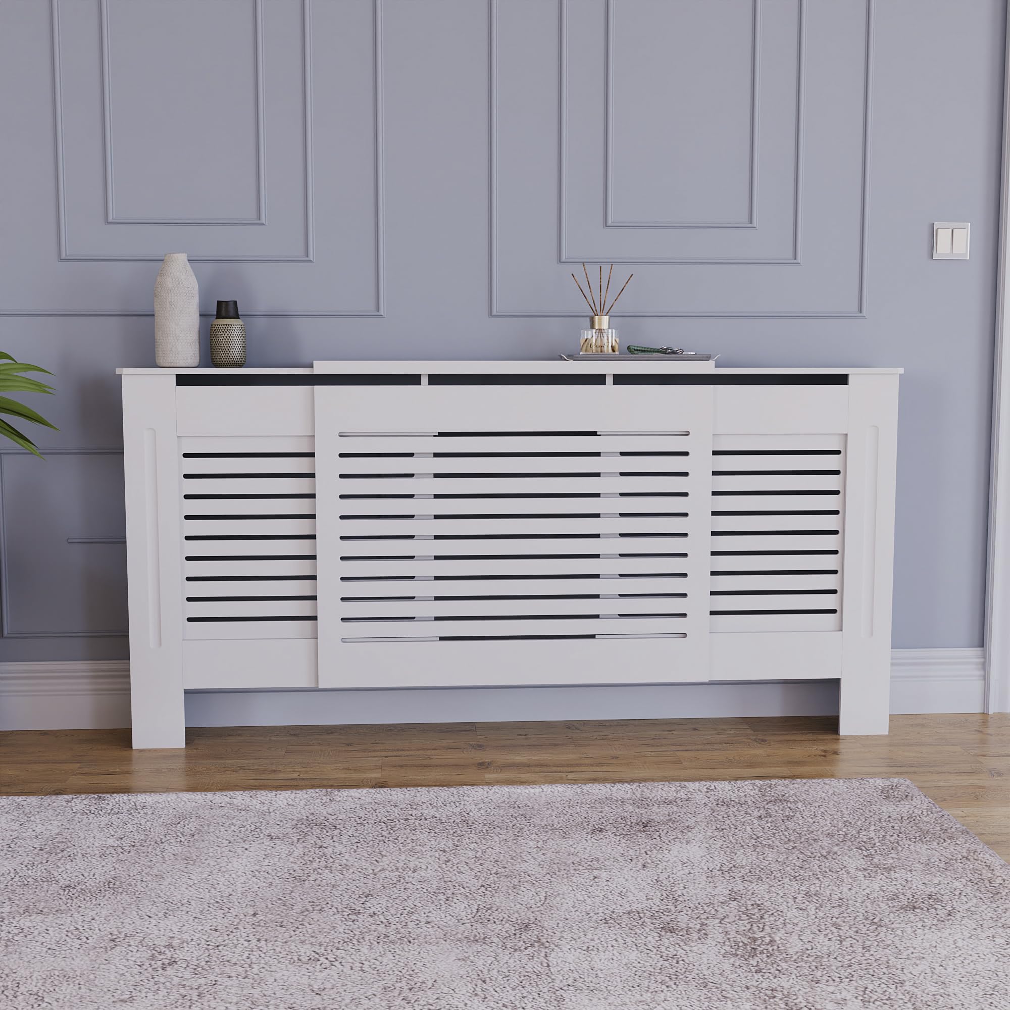 Vida Designs Milton Cubierta de radiador Blanco - Ajustable - Lamas horizontales Modernas para Mejor circulación del Calor - H82xW140-204xD19cm - MDF Pintado para salón y Pasillo