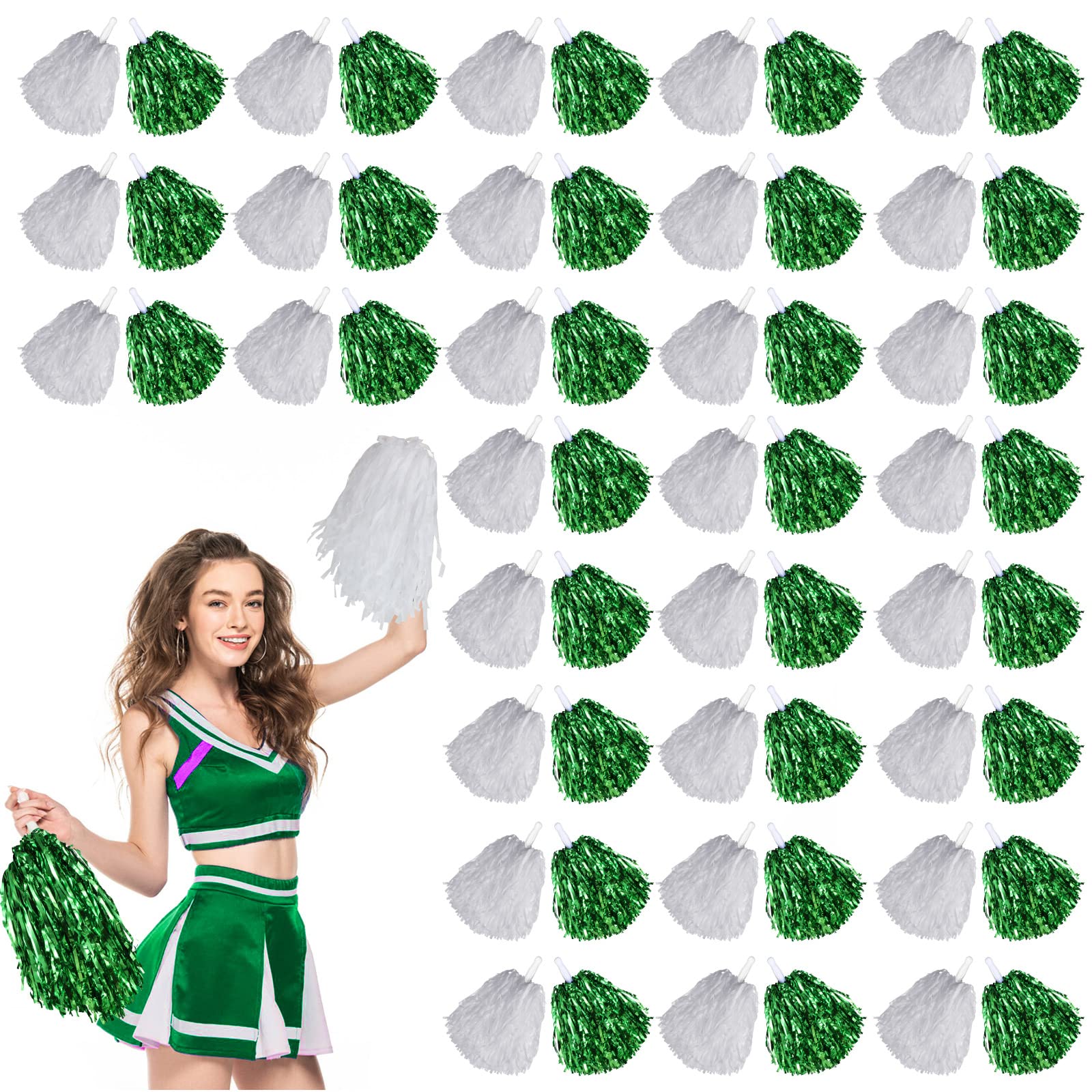 60 Pcs Cheerleading Pom Poms Cheer Pom Poms Fun Pom Poms Metallic Foil Pom Poms Cheerleading Poms with Plastic Handles for Cheering Squad Team Spirited Sports Dance Kids Girls (Green, White)