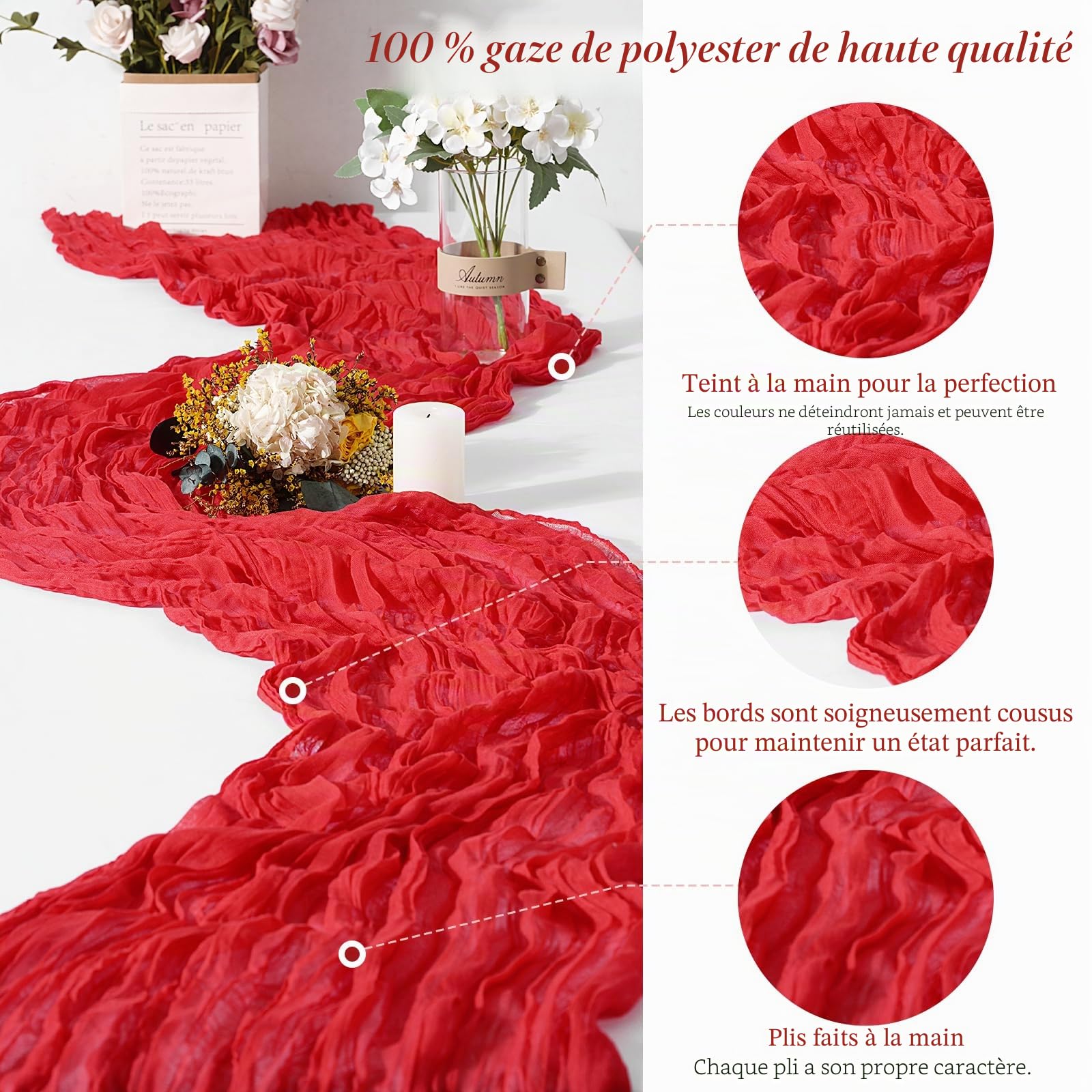 Teruntrue Lot de 12 Nappes en Fromage Chemins de Table Rouge 55x300 cm, Nappe Boho en Gaz de Fromage pour Décorations de Mariage, Fête de Naissance, Douche de Bébé et Anniversaire