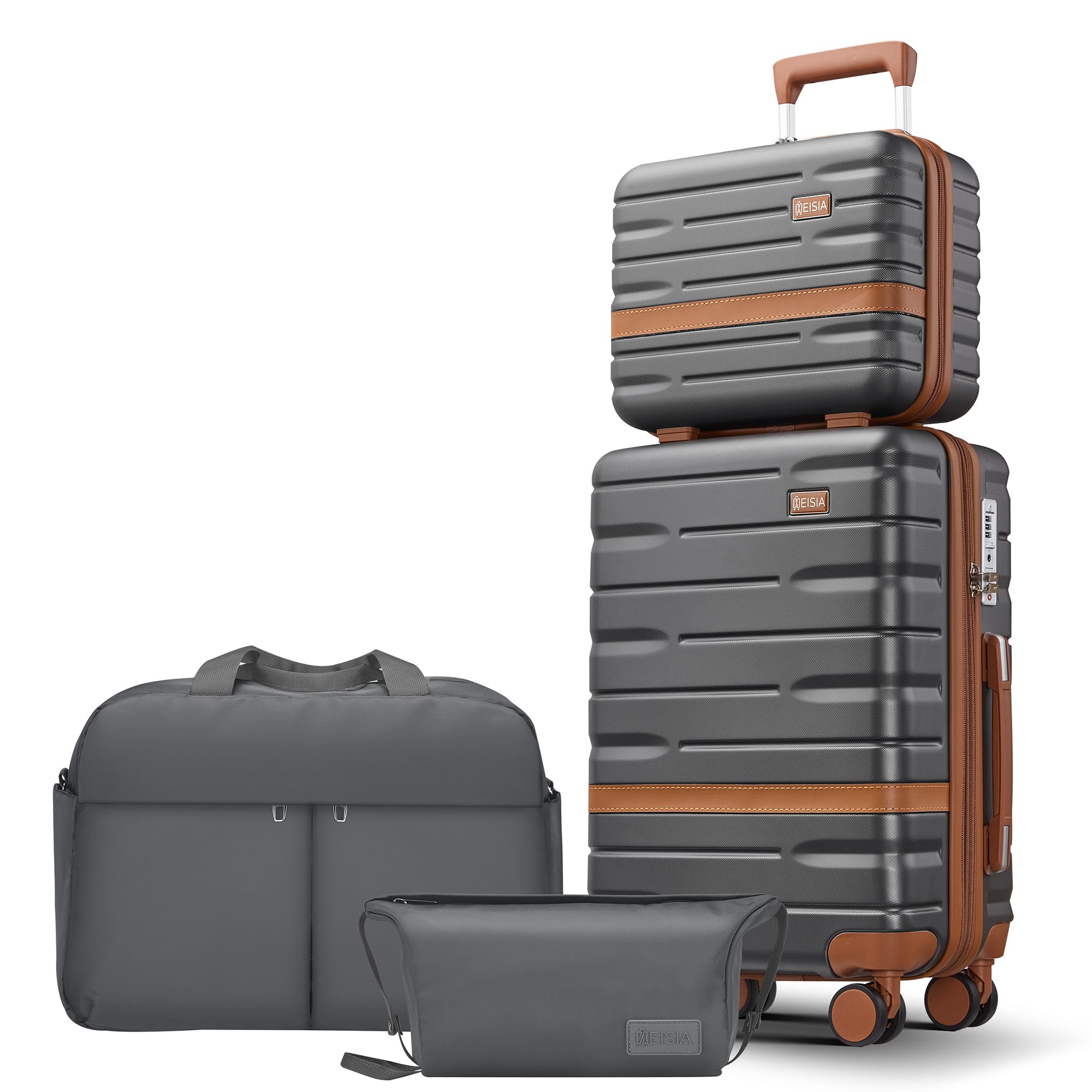 NEISIA Luggage Sets with TSA Lock Hardside PC+ABS Carry On expandable Suitcase with Spinner Wheels Lightweight Rolling Travel Luggage Sets with YKK (Gray, 4 piece sets（14/20/DB/TB）)