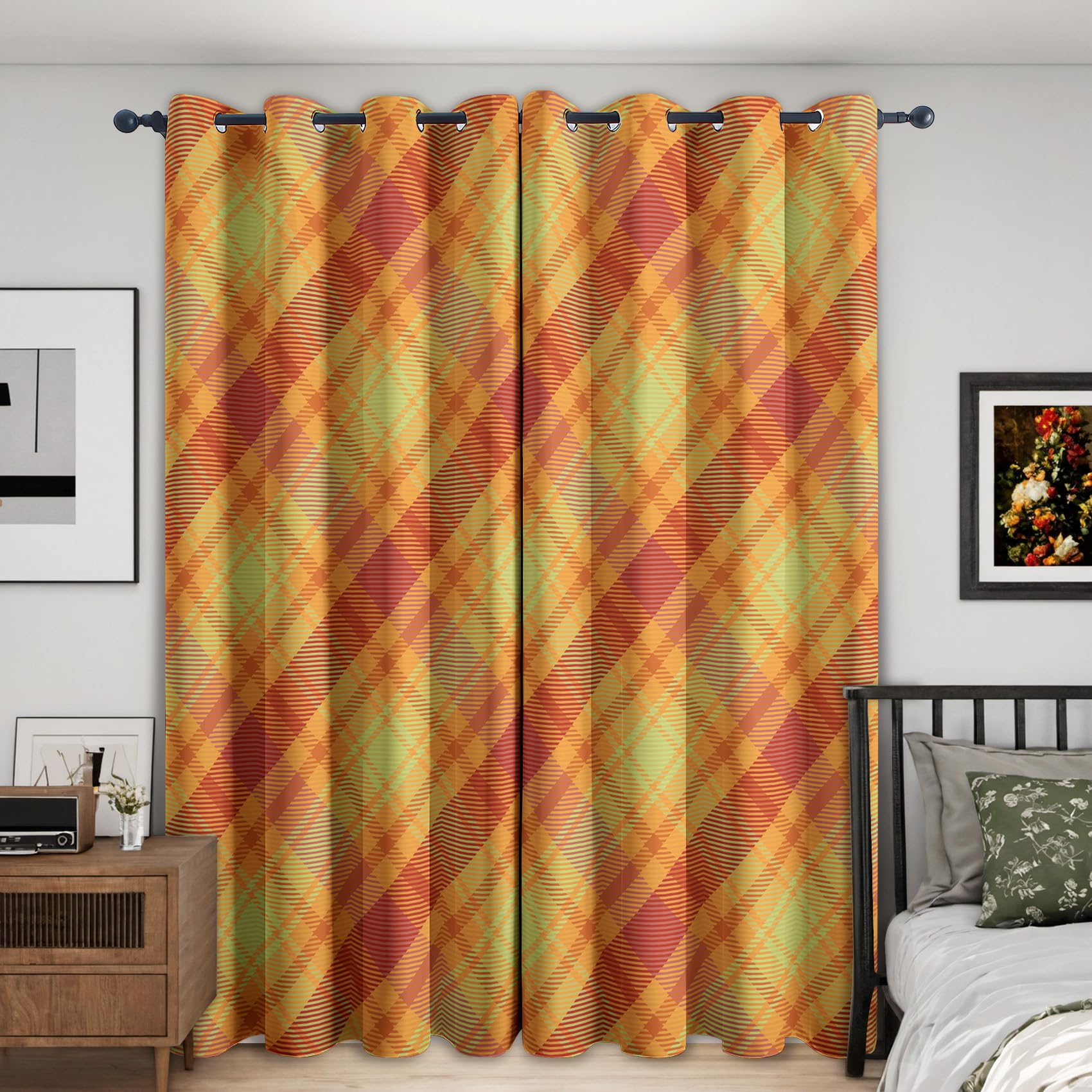 Rideau occultant tartan orange vert lot de 2 isolants à oeillets 117x137cm
