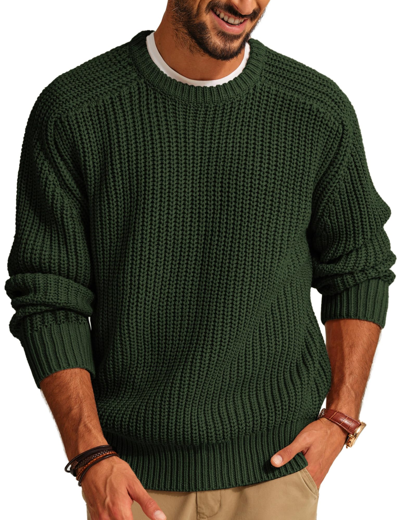 PJ PAUL JONES Jersey para hombre con cuello redondo de punto grueso