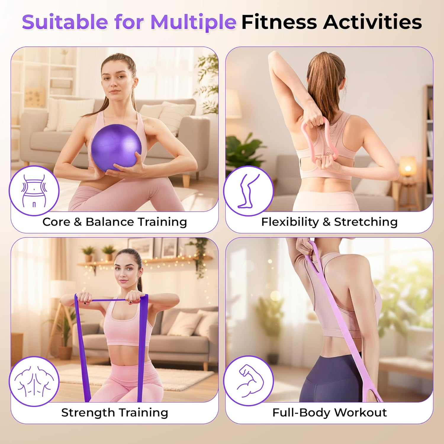Pilates Ball and Ring Set for Women - 14-Piece At Home Pilates Kit with 12-Inch Magic Circle, 5 Resistance Bands, Home Workout Equipment for Full Body Training