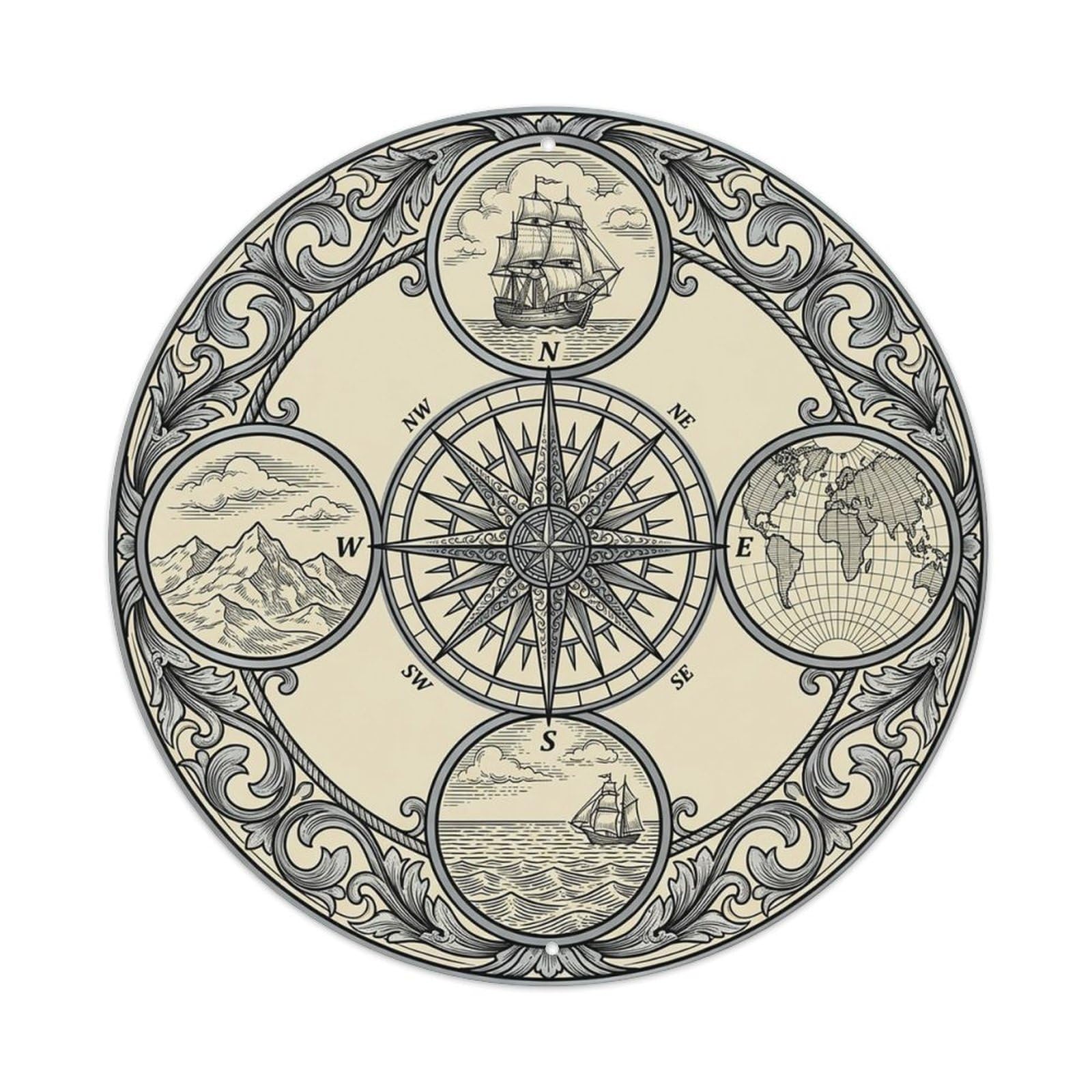 Vintage Nautical Compass World Map Summit Chronicle Metal Tin Sign