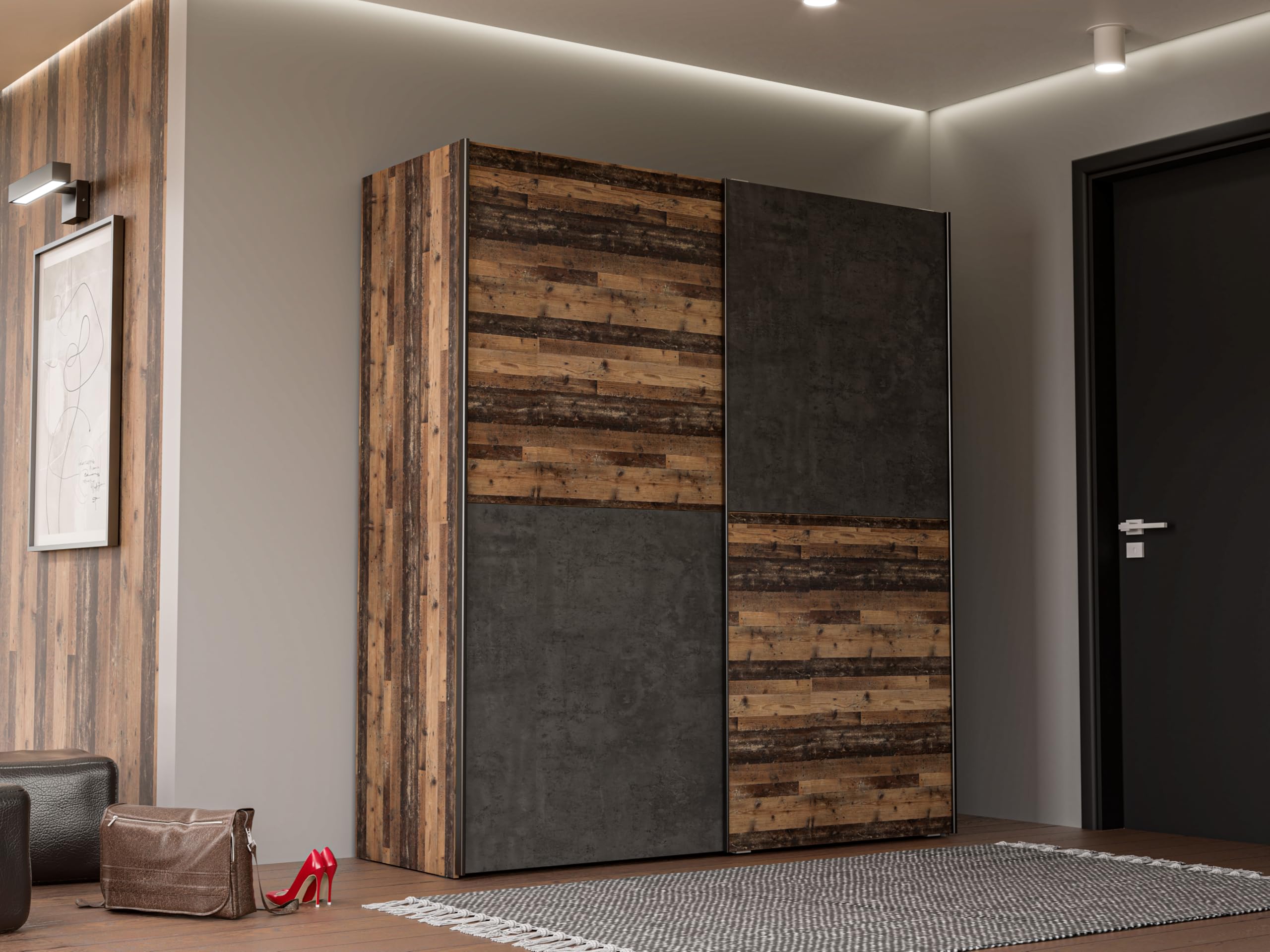 Forte DEDERIK Schrank 170, Kleiderschrank Industrial, Schlafzimmerschrank 2-türig, Holzwerkstoff, Old Wood Vintage Holzdekor/Betonoptik Dunkelgrau, 170 cm breit x 190,5 cm hoch x 61 cm tief