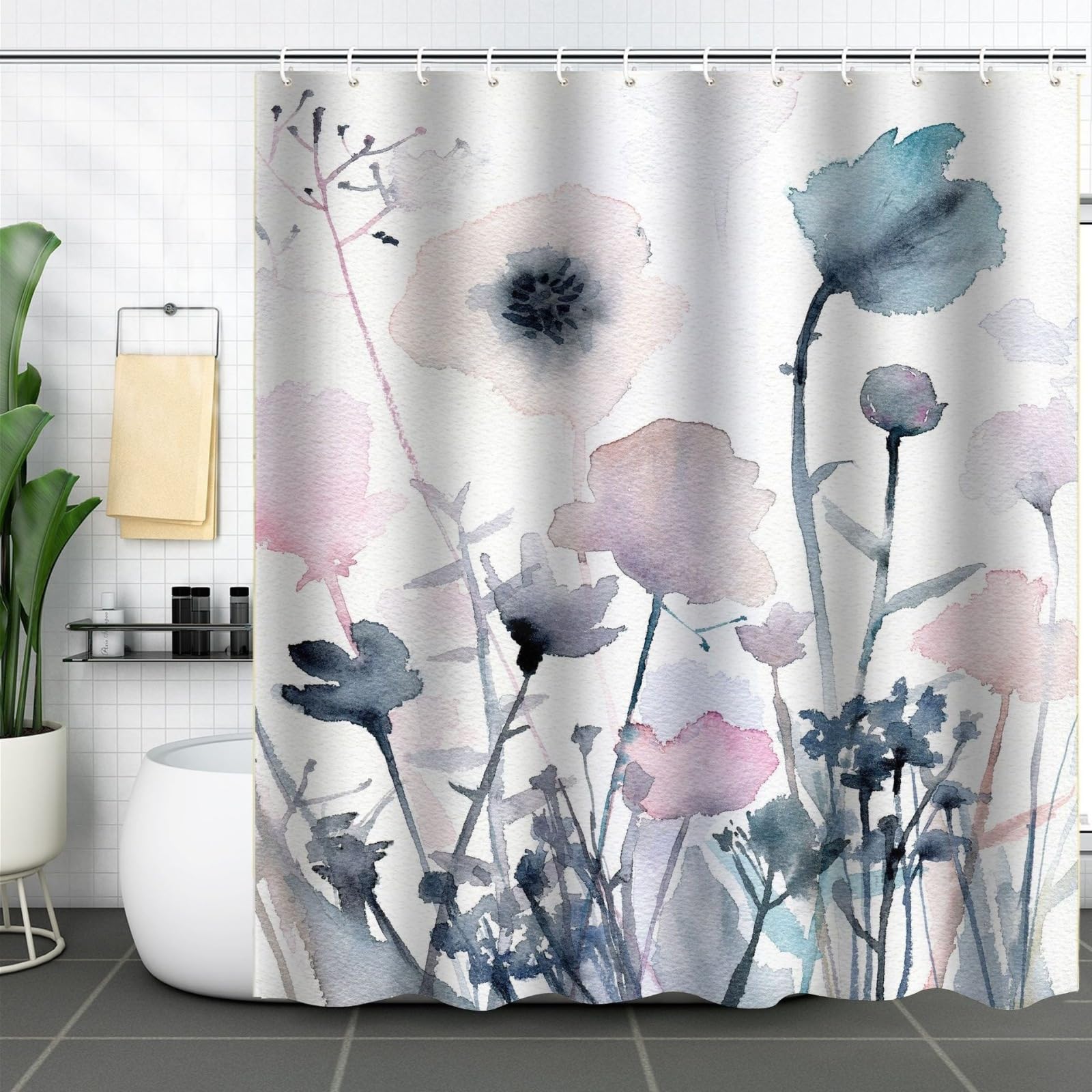 Shower Curtains Retro Pink Flower Wet Room Shower Curtain Mould Proof Resistant Waterproof Polyster Fabric Washable with 12 Hooks Garden Bathroom Curtains (180x200cm)