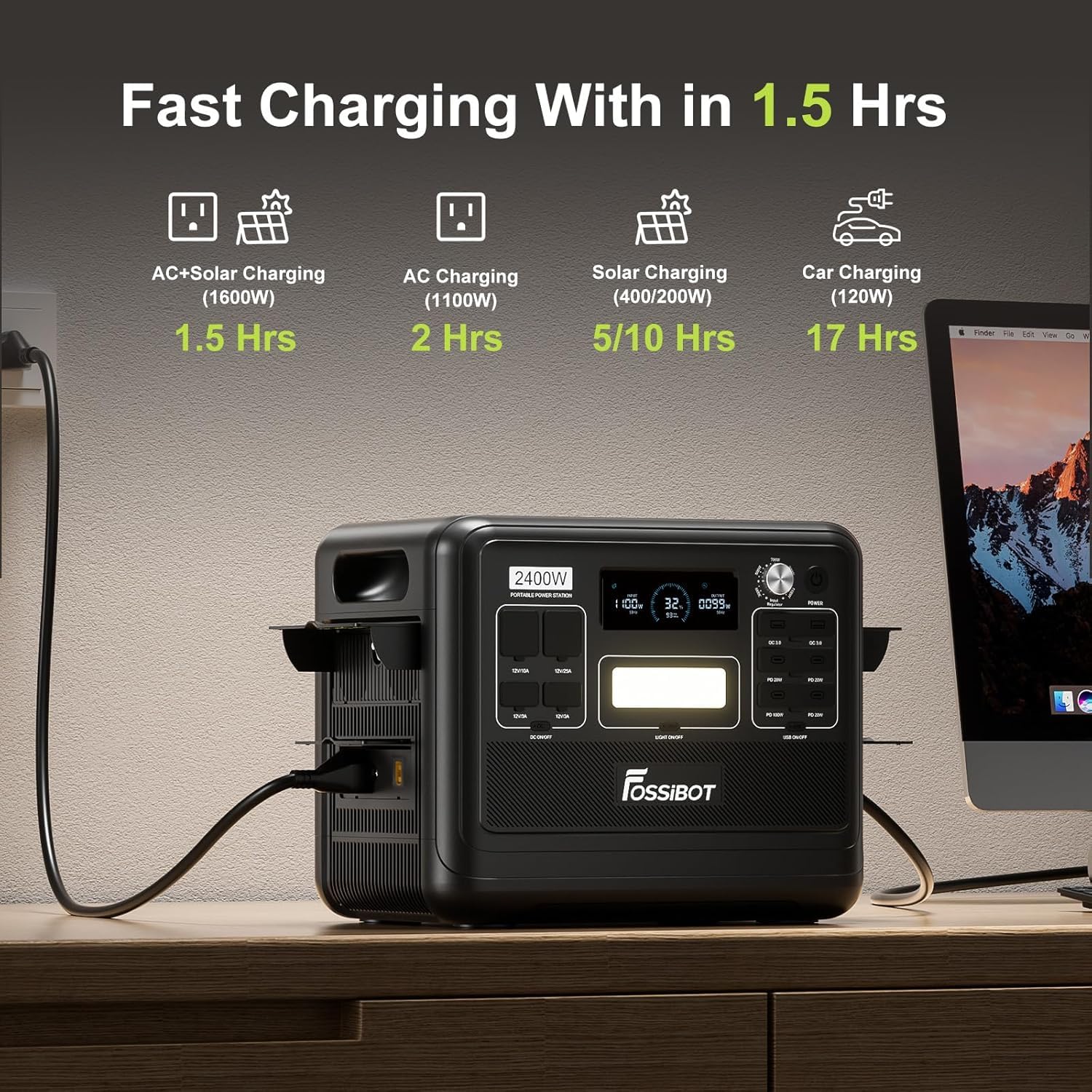 Estación de Energía Solar Portátil FOSSiBOT F2400, 2048Wh Batería LiFePO4, 2400W (4800W Pico), Carga Rápida en 1.5h, 3 Tomas CA, UPS, para Cortes de Luz, Camping y Autocaravana