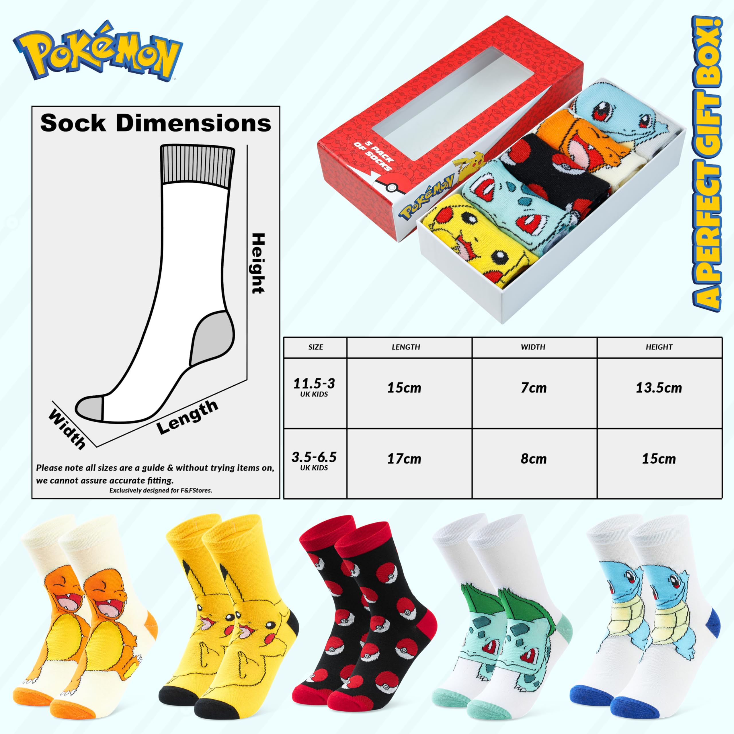 Pokemon Skarpety chłopięce 5 Pakiet Pikachu Skarpety do Kostek Rozciągliwy Oddychający Skarpety Crew dla Chłopców Dziewcząt Nastolatków Kobiet - Rozmiary 11-6 - Prezenty Pokemon