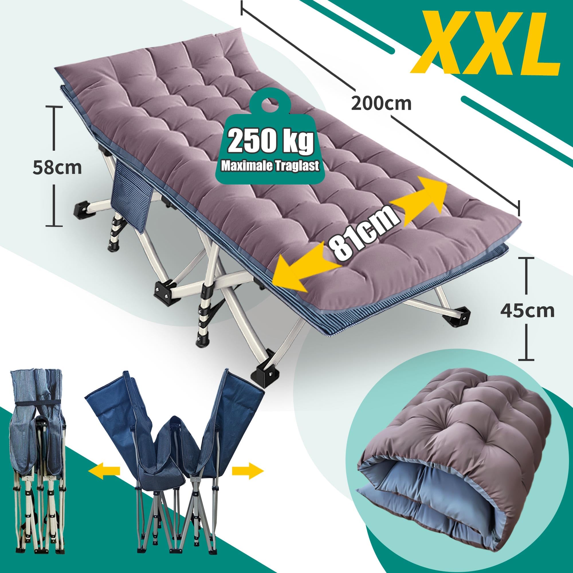 Letto da campo XXL pieghevole, extra largo 81 cm, con materasso, per adulti, letto da campeggio, capacità di carico 250 kg, letto pieghevole con tasca laterale, lettino da campeggio portatile, per