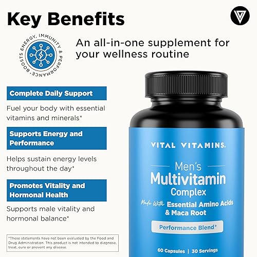 Miniatura 4 de Vital Vitamins Complejo multivitamínico para hombre, fabricado con aminoácidos esenciales y raíz de maca, con vitamina A, C, E, B6, B12, D3 y mezcla