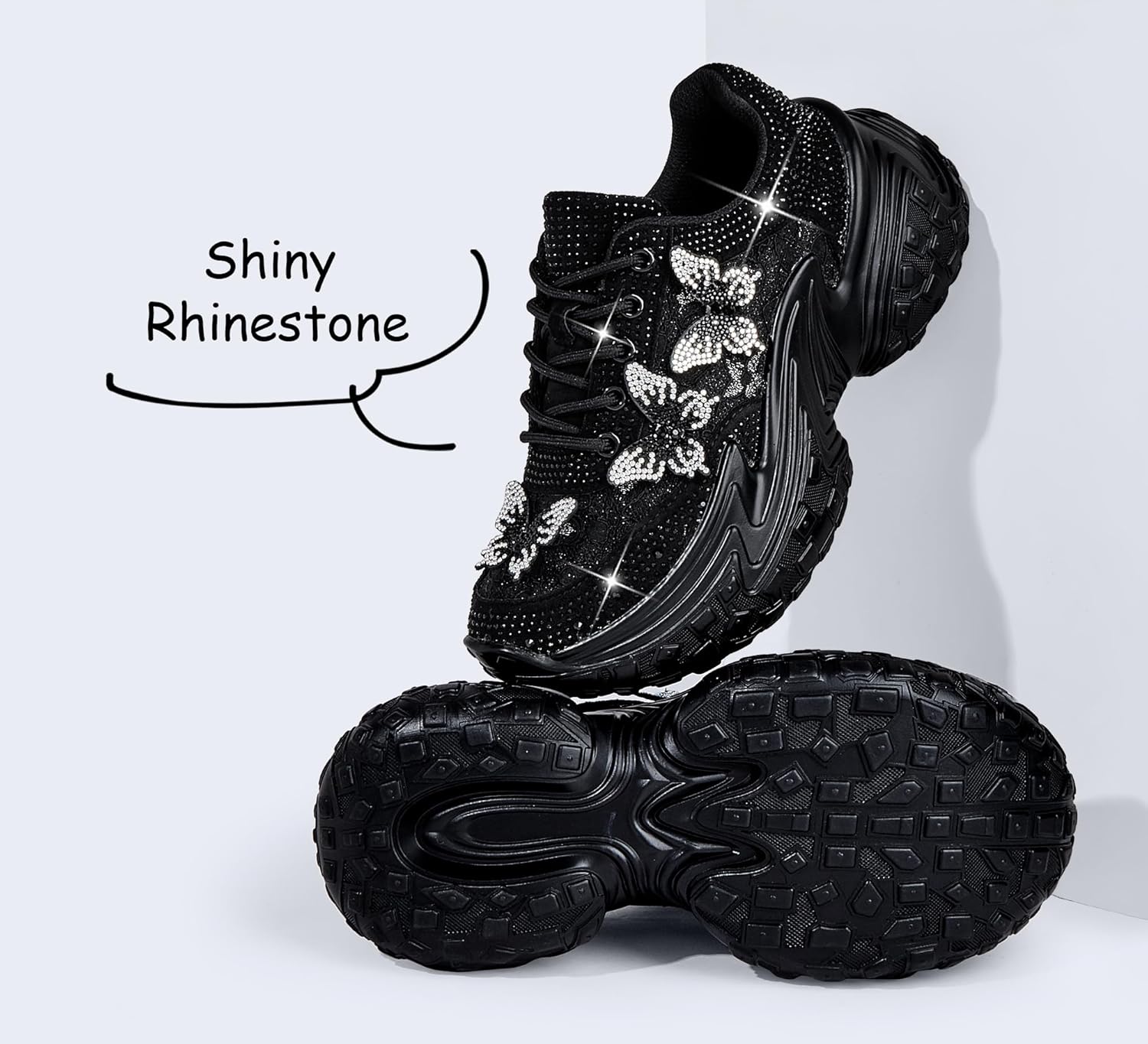LUCKY STEP Women's Chunky Sneakers Platform Fashion Rhinestone Sparkly Dad Walking Shoes Butterfly Lace Wedge Casual Shiny Thick Sole Footwear - Image 4