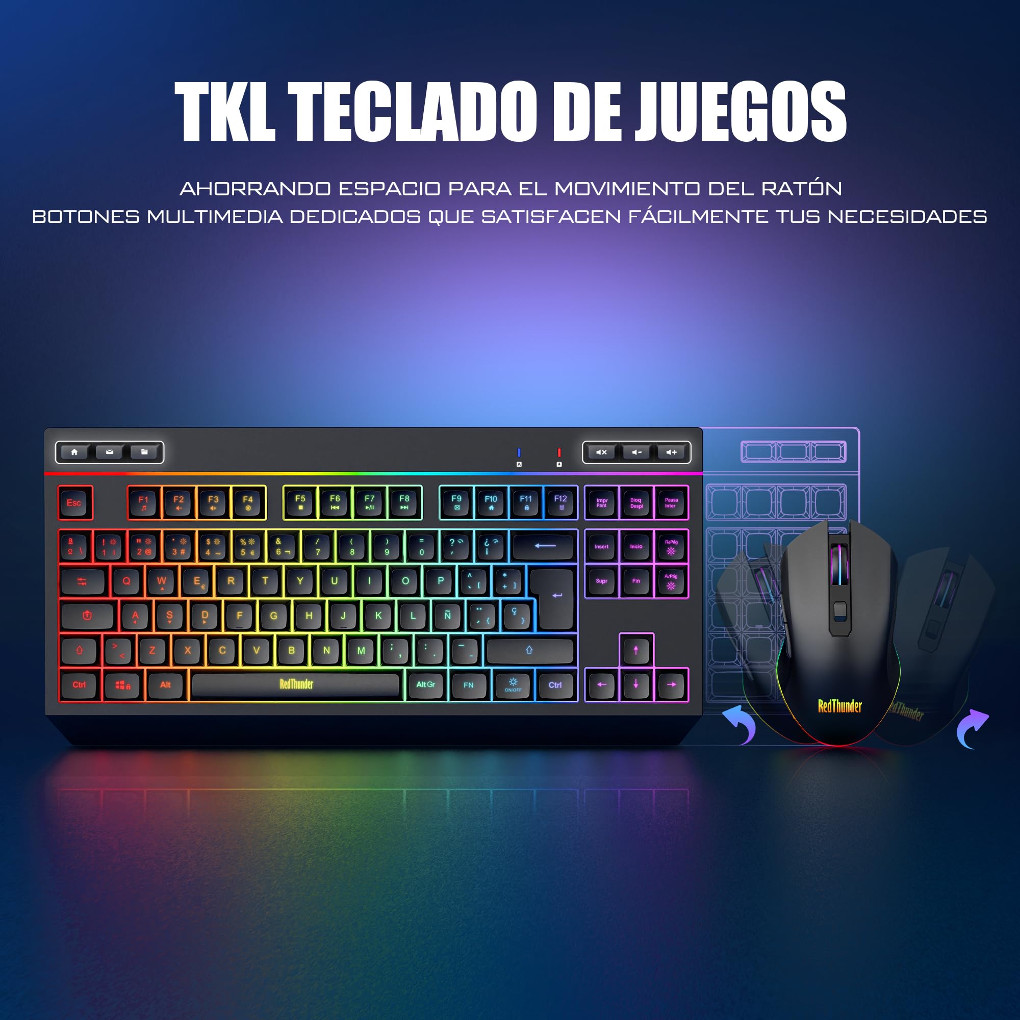 RedThunder K20 TKL Teclado Gaming Inalámbrico, Retroiluminación RGB Ajustable y Batería Recargable, Diseño Compacto con Disposición QWERTY ES y 6 Teclas Multimedia, Teclado USB para PC/Mac (Negro)