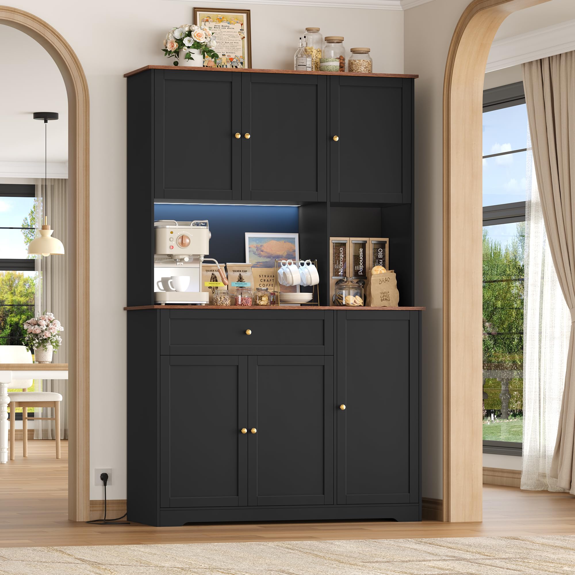FirFurd Küchenschrank 180cm Buffetschrank mit LED Sideboard für Küche mit Steckdosenleiste Küchenschrank mit Arbeitsplatte & Weinregal für 12 Flaschen Küchenbuffet Küchenmöbel 180x100x39cm schwarz
