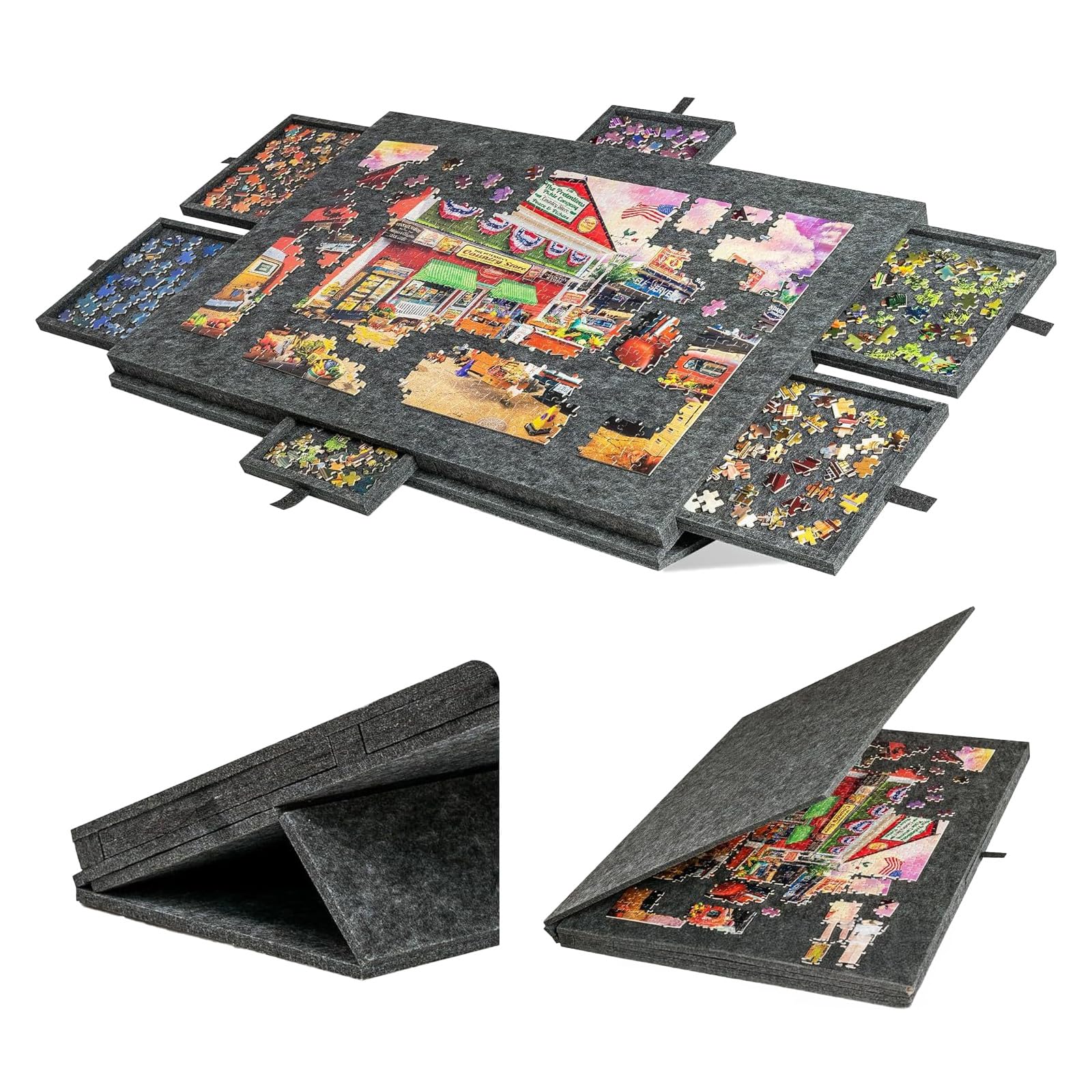 Tablero de Rompecabezas inclinable,77x54cm Mesa para Rompecabezas Adulto | con Tapa y 6 Cajones,Organizador de Rompecabezas 1000 Piezas con Superficie de Fieltro Antideslizante,Gris oscuro