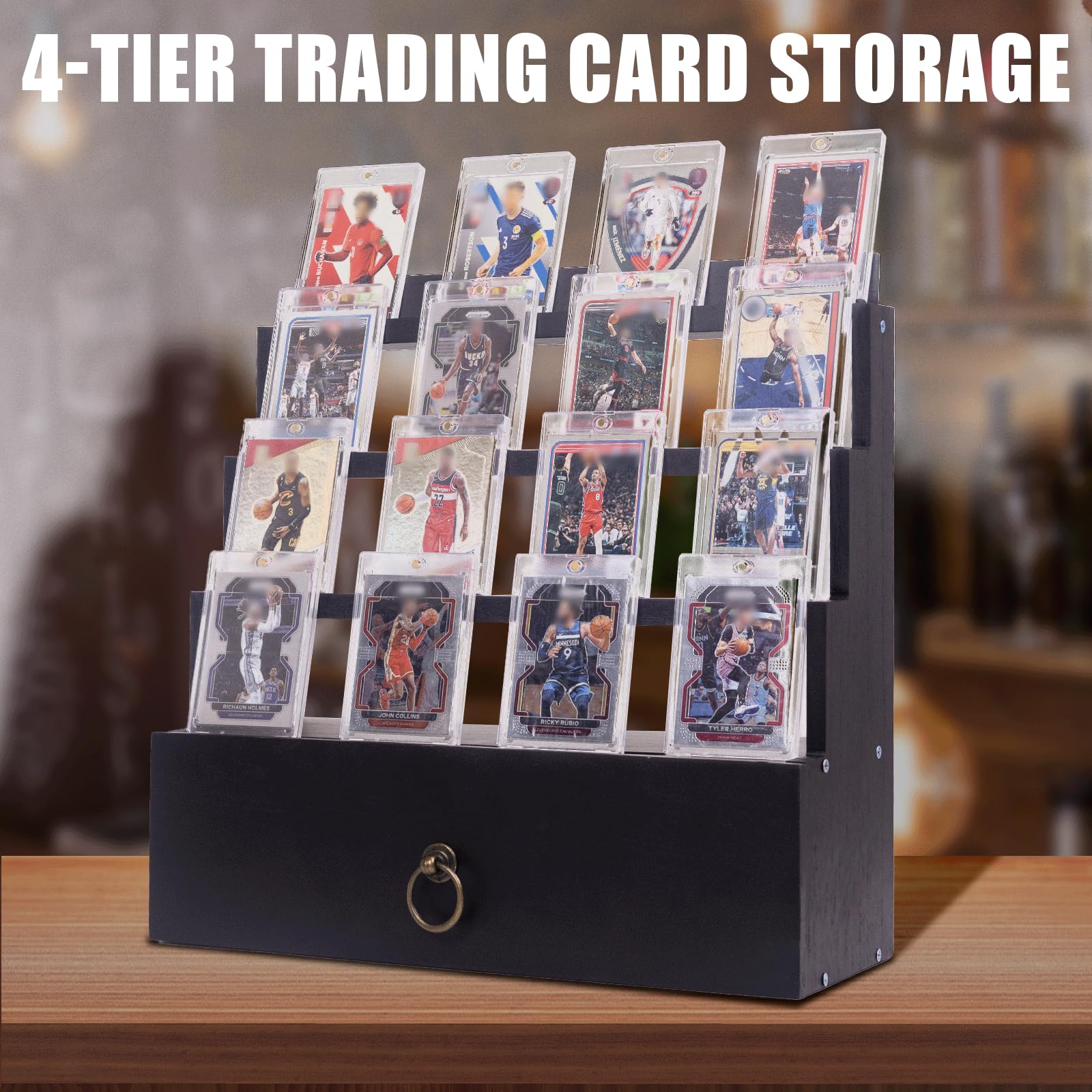 WodGod 4-Tier Trading Card Display Case with Dedicated Flocking Drawers,Wooden Card Storage Case, Built-in Card Holders & Dividers for Organized Collection and Display