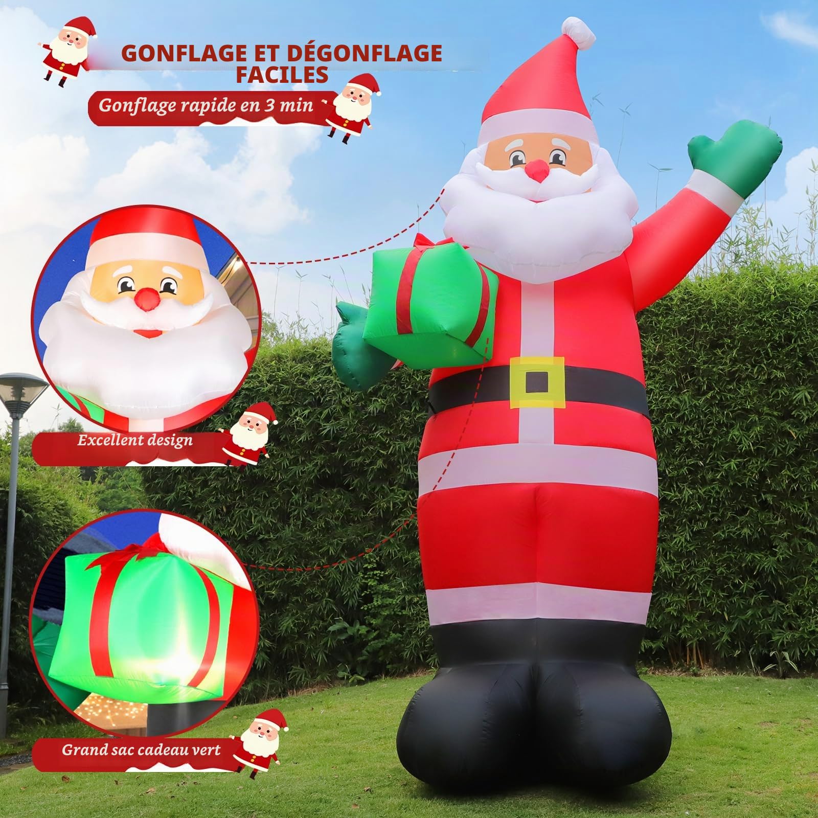 Omdekor Bonhomme de Neige Gonflable 300 cm avec Gants Verts, décoration Gonflable de Noël avec LED, IP44, Deco Noel Gonflable pour Jardin Avant, avec Sacs de Sable
