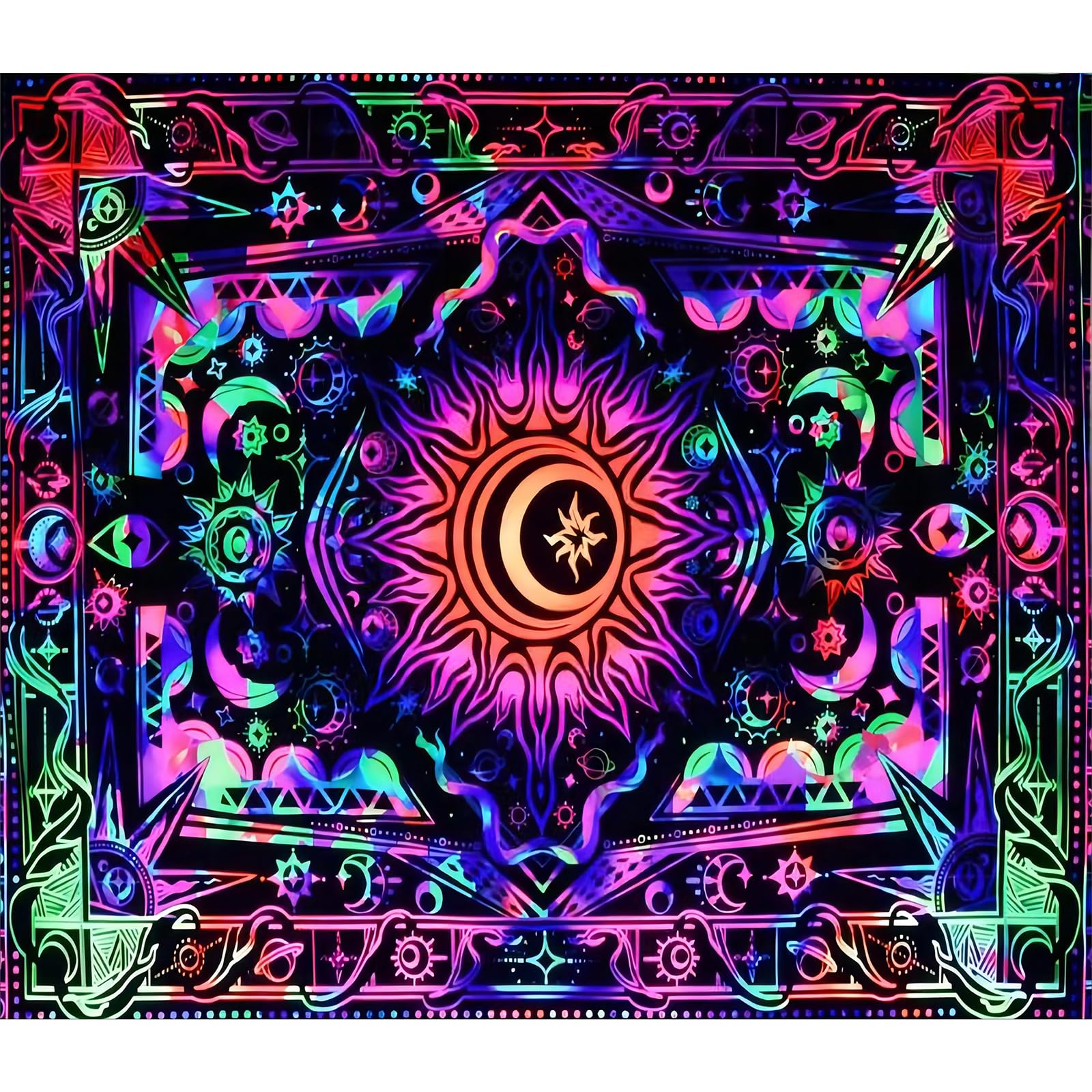 Roninkier Sun Moon UV Tapestry Black Light Wall Cloth, Psychedelic Aesthetic Natural Scenery Wall Hanging for Bedroom Living Room (Sun Moon 3, 230 x 180cm)